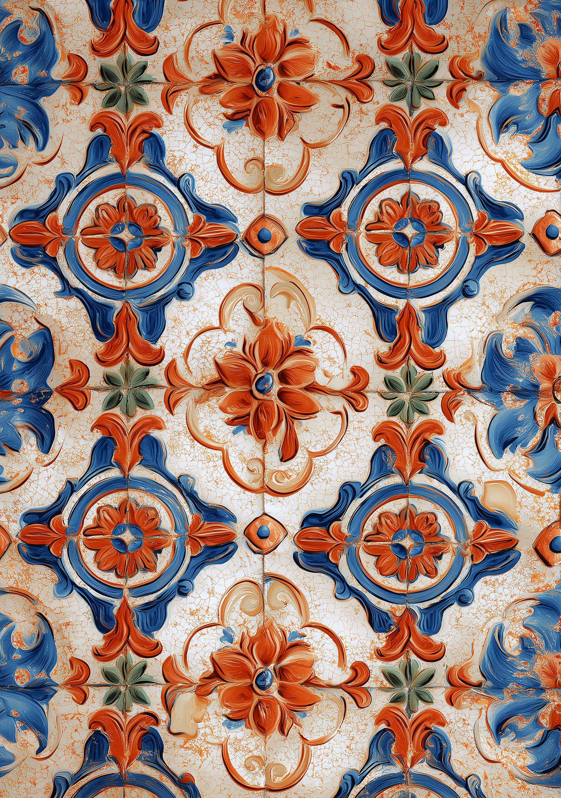 Spanish Tile Pattern Mediterranean Azulejos Blue & Terracotta Ceramic Style Wall Art