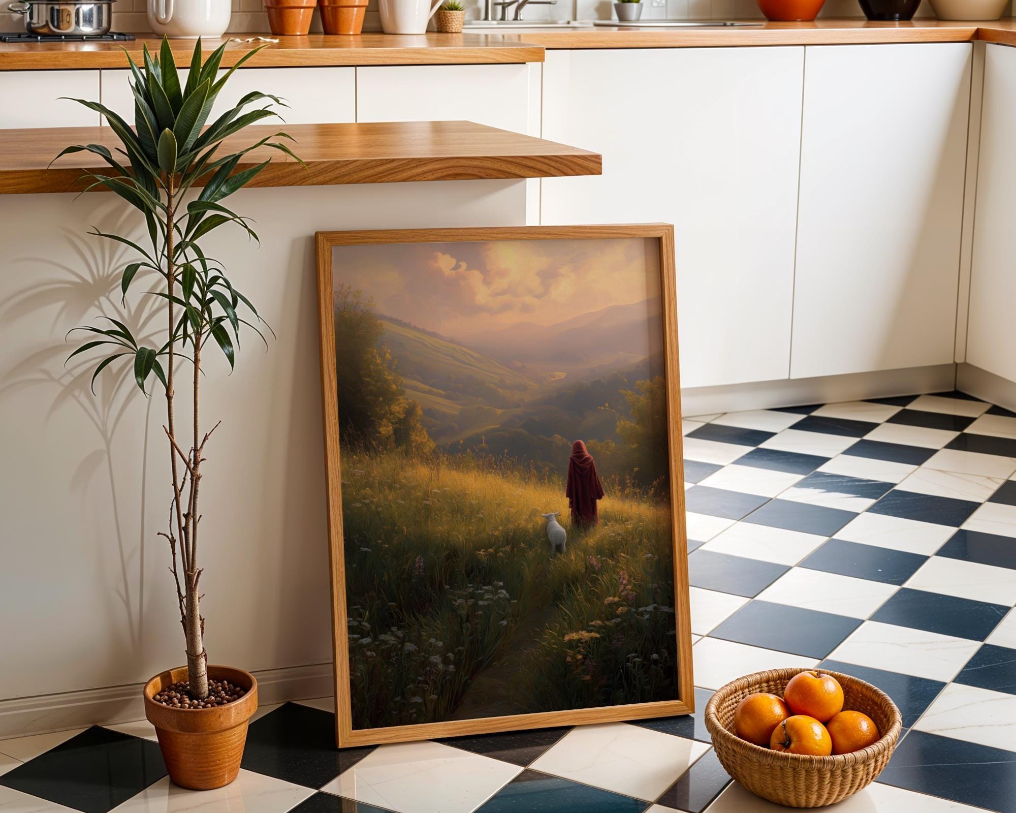 Jesus Walking with Lamb Faith Landscape Religious Wall Art by The Wall Art Studio