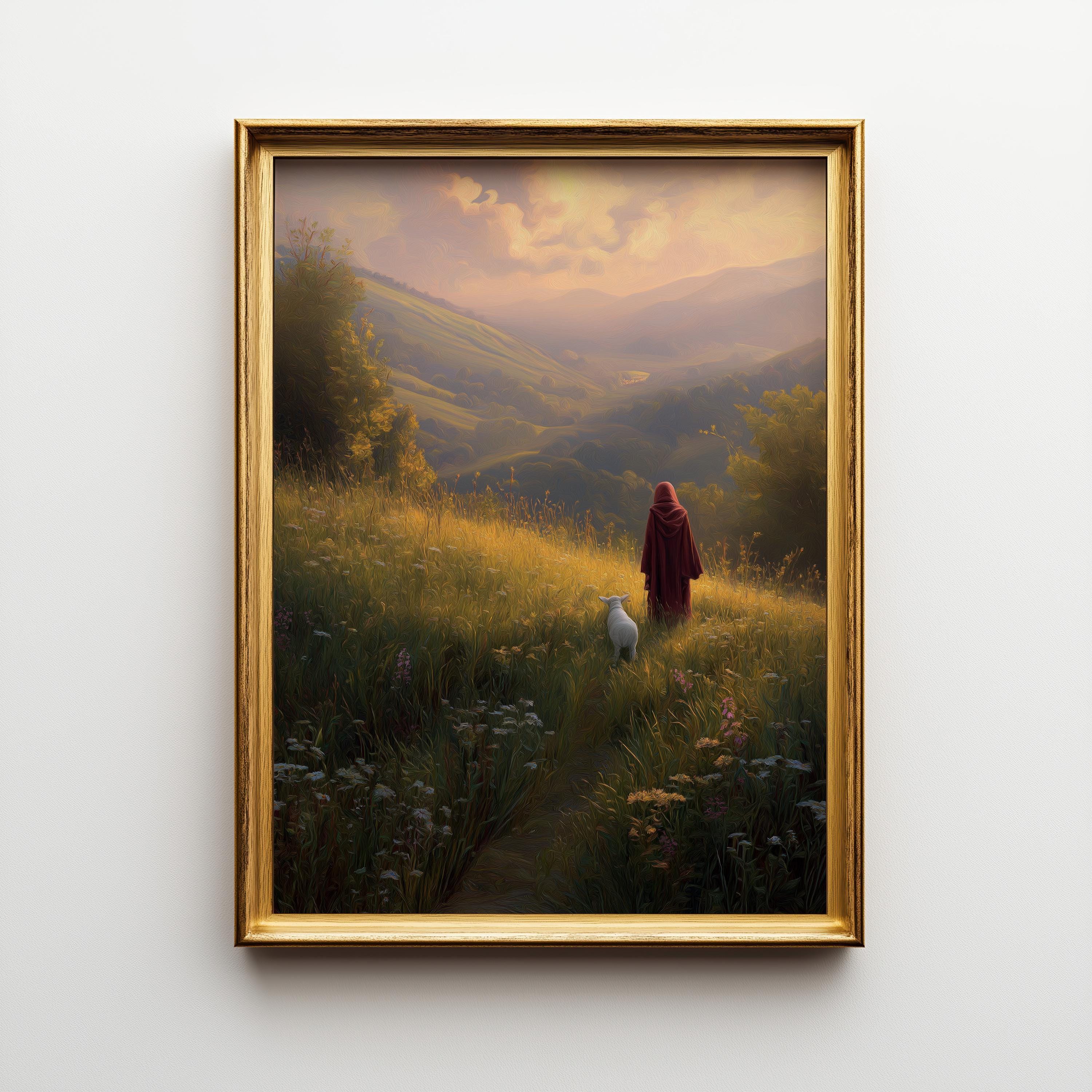 Jesus Walking with Lamb Faith Landscape Religious Wall Art by The Wall Art Studio