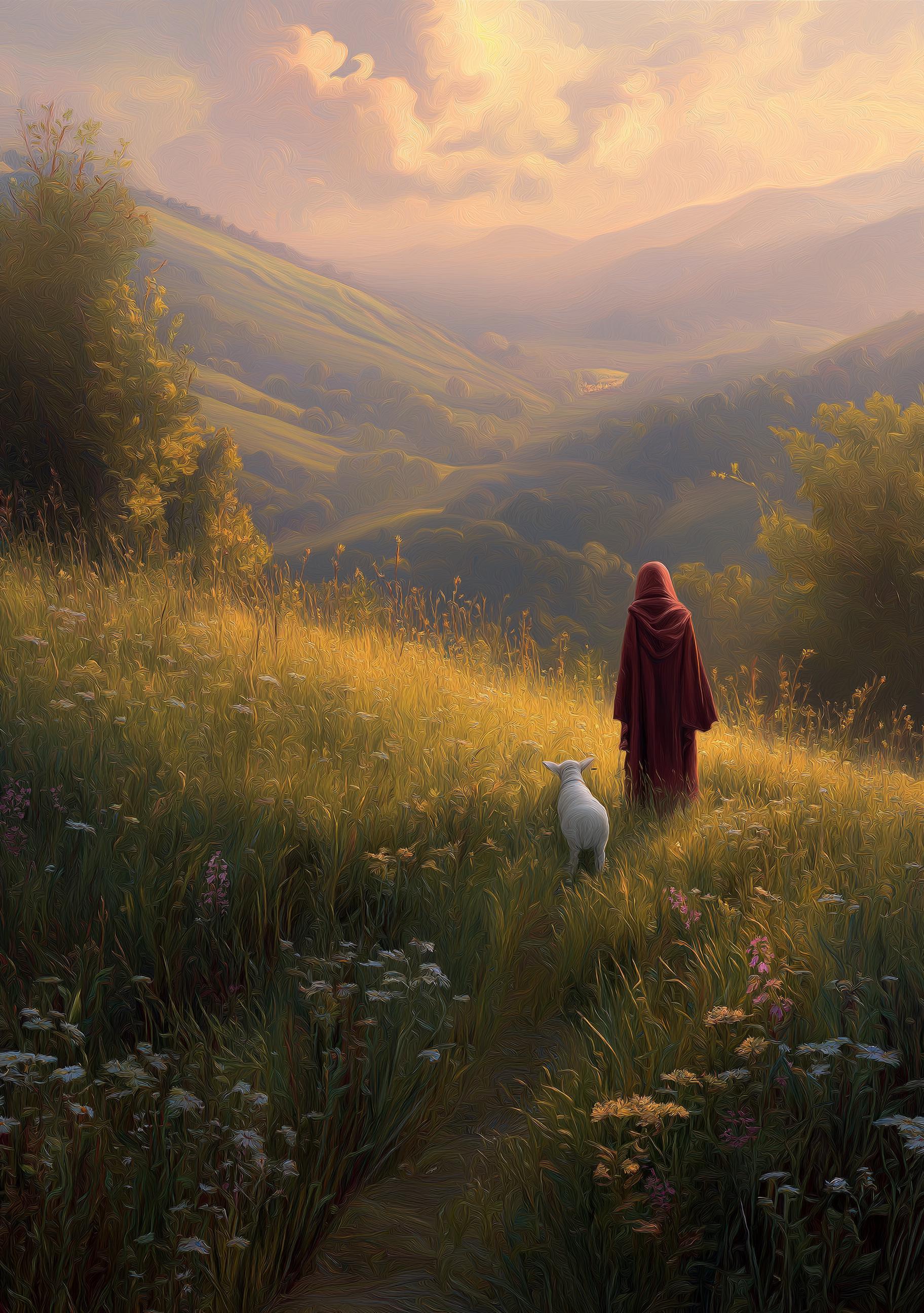 Jesus Walking with Lamb Faith Landscape Religious Wall Art by The Wall Art Studio