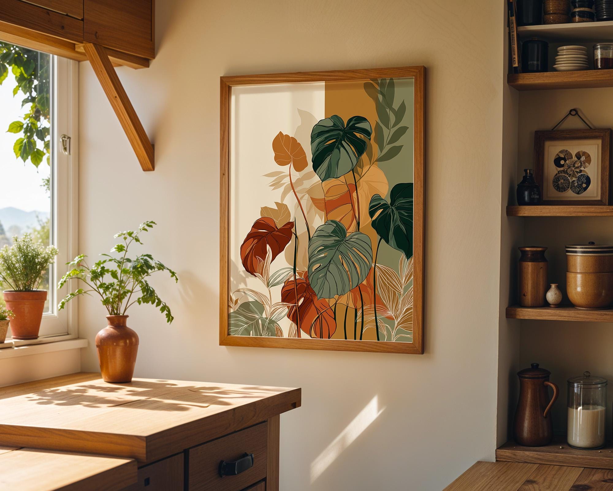 Boho Monstera Leaf Mid Century Modern Plant Japandi Wall Art