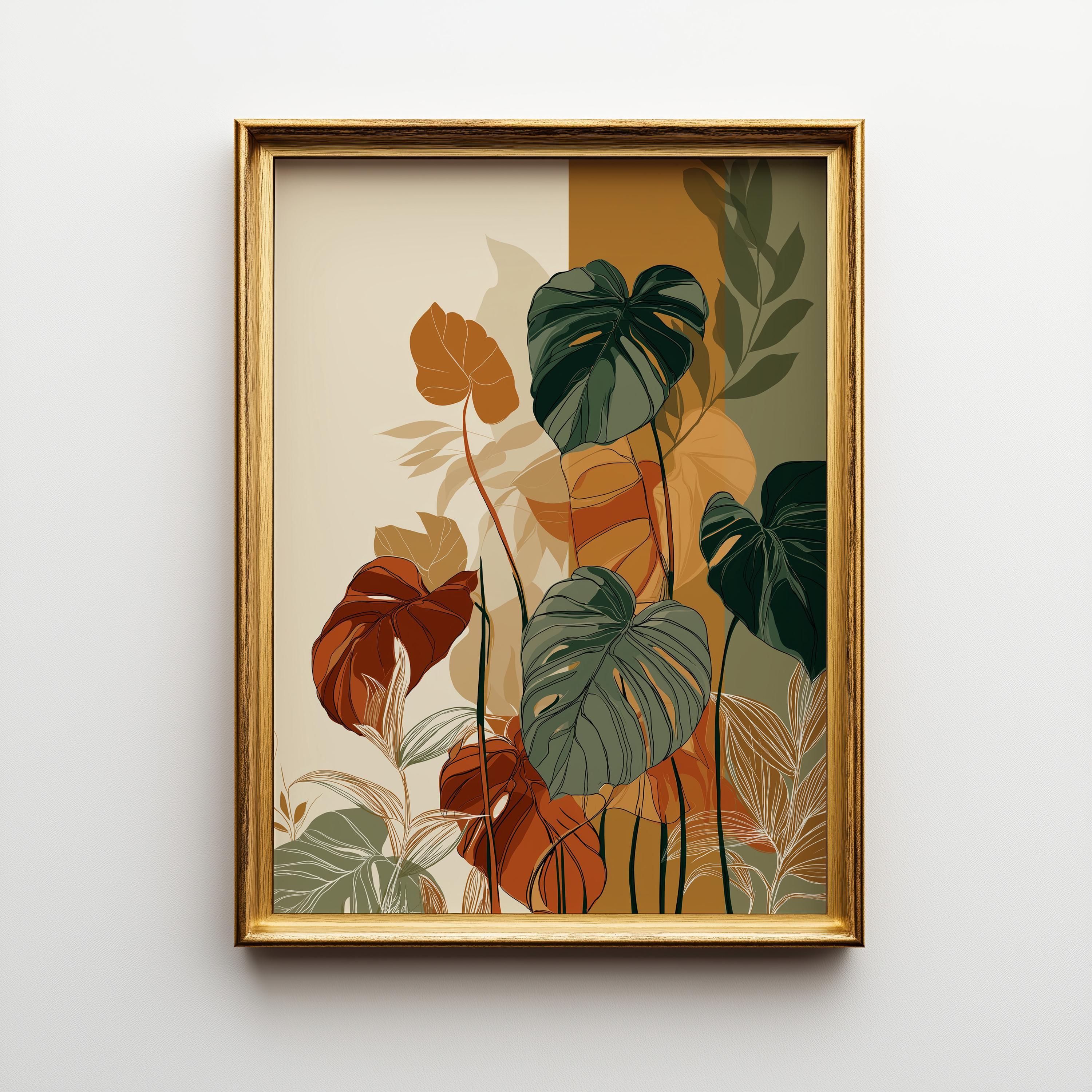 Boho Monstera Leaf Mid Century Modern Plant Japandi Wall Art