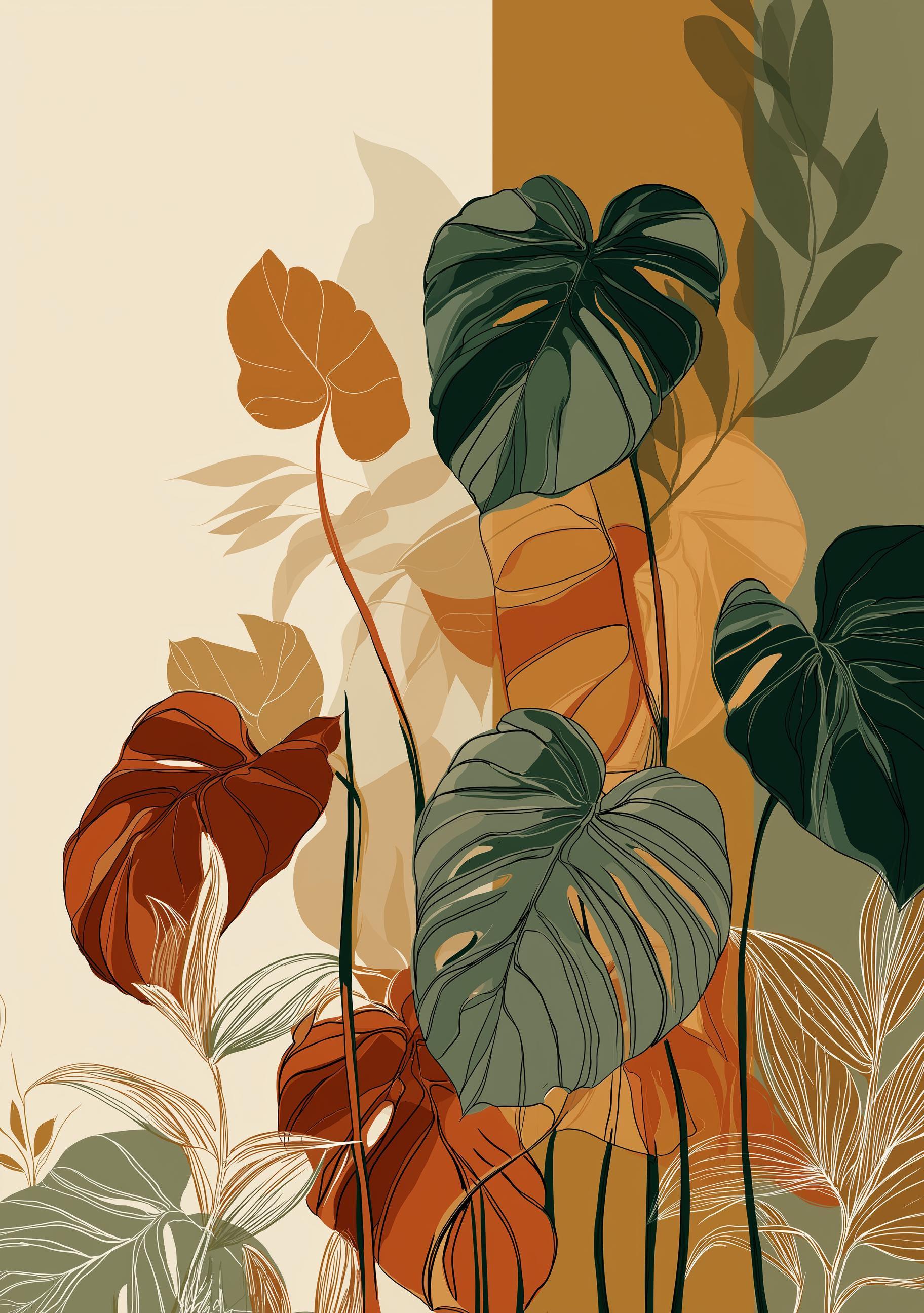 Boho Monstera Leaf Mid Century Modern Plant Japandi Wall Art