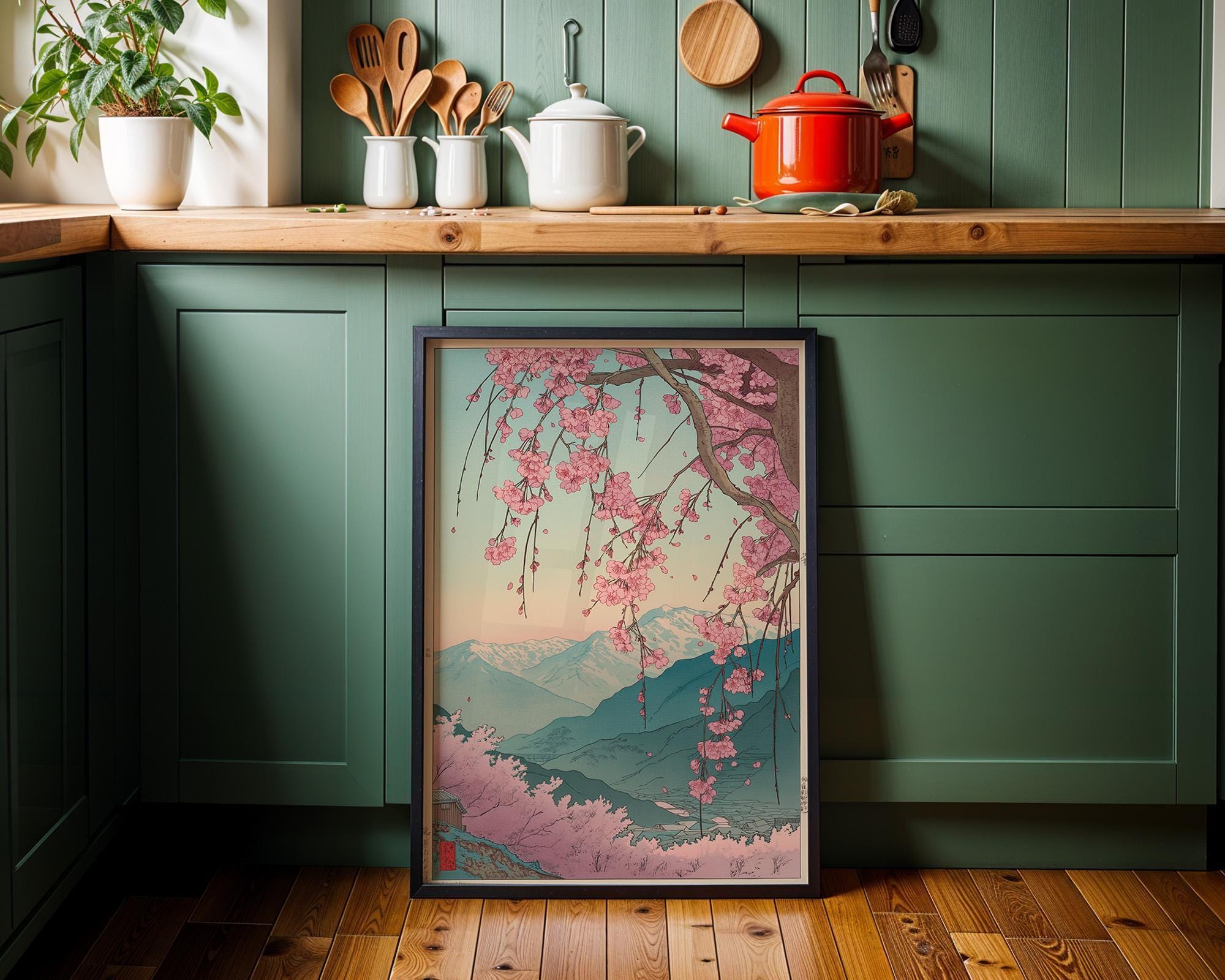 Japanese Cherry Blossom Sakura Tree Pink Floral Mountain Wall Art by The Wall Art Studio