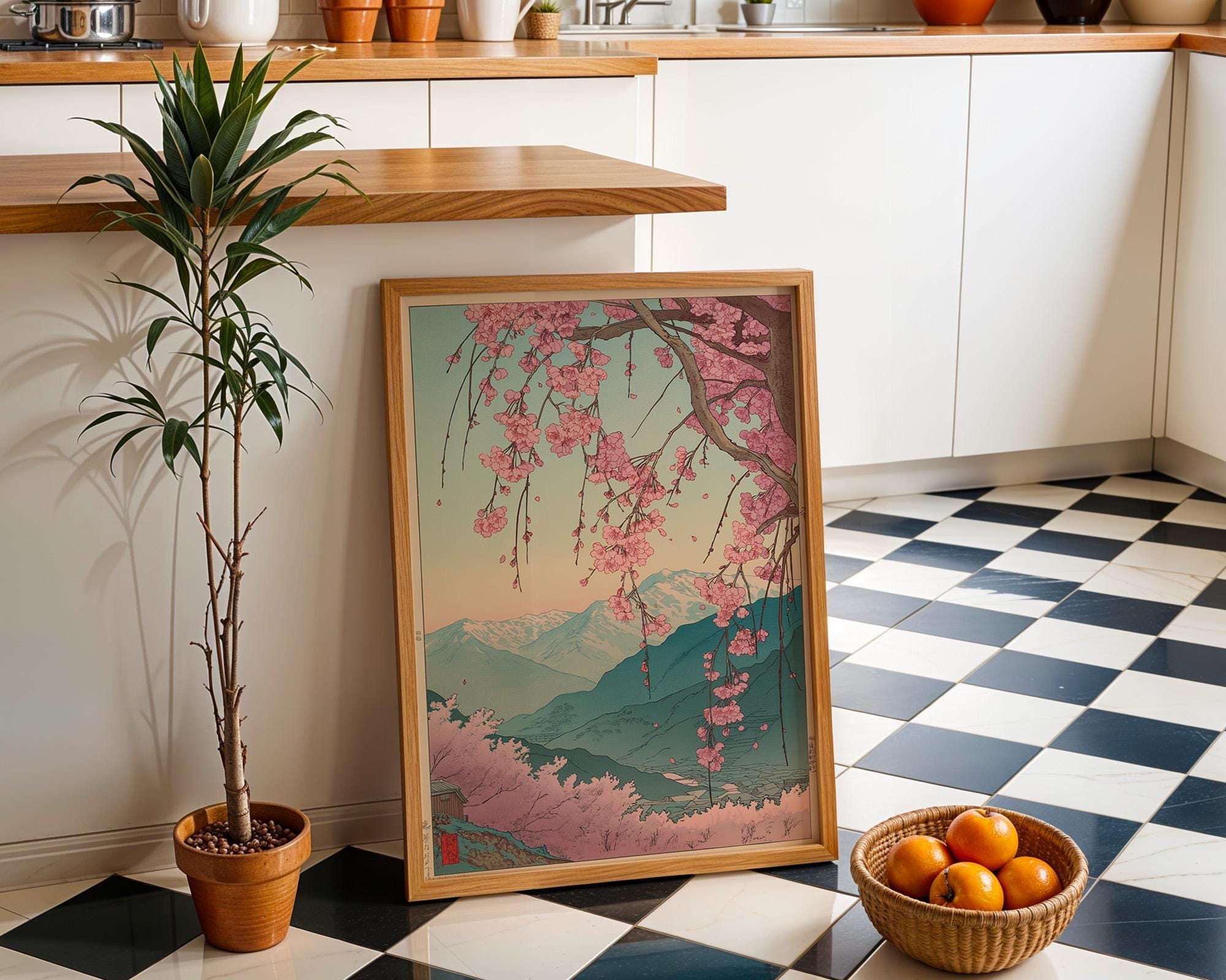 Japanese Cherry Blossom Sakura Tree Pink Floral Mountain Wall Art by The Wall Art Studio