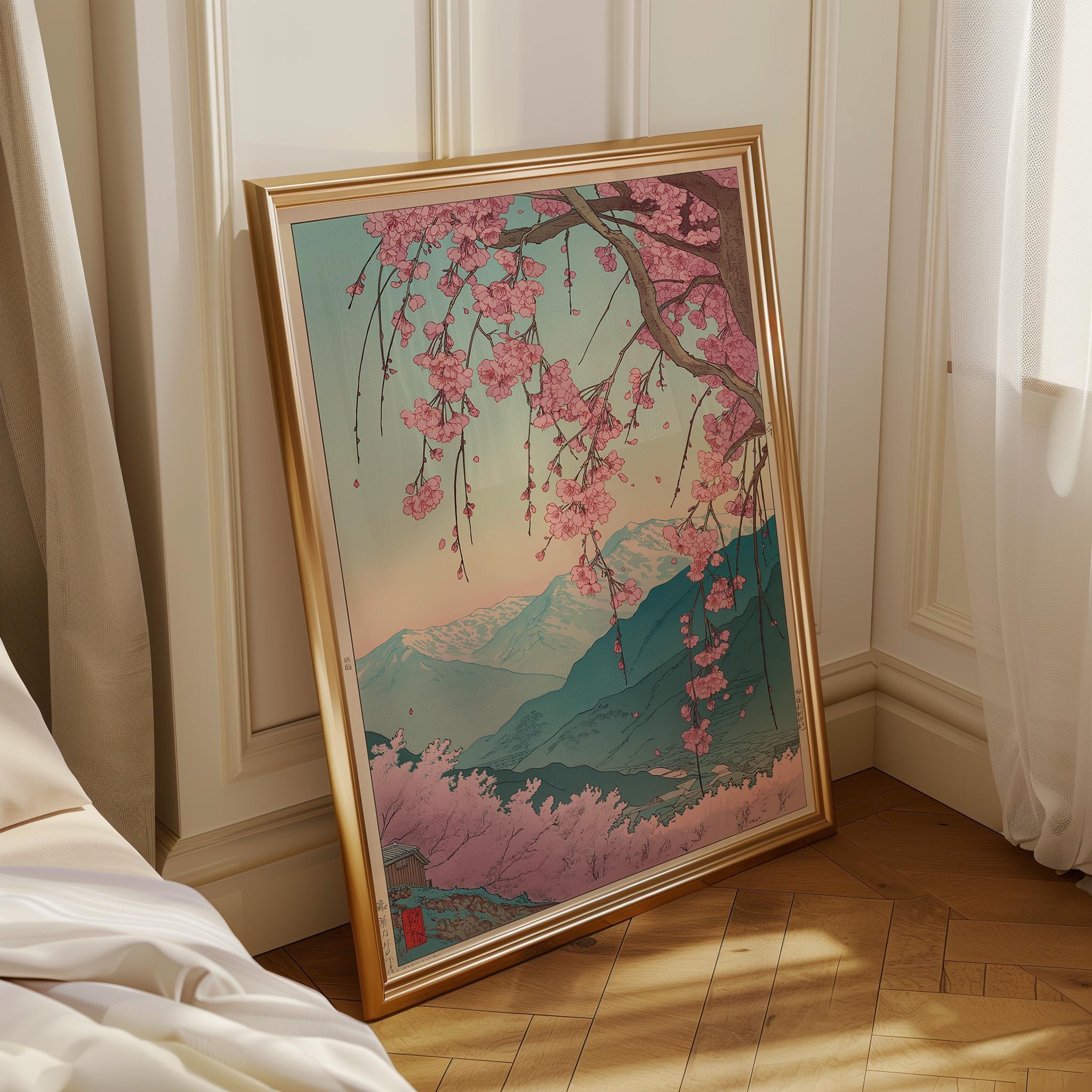 Japanese Cherry Blossom Sakura Tree Pink Floral Mountain Wall Art by The Wall Art Studio
