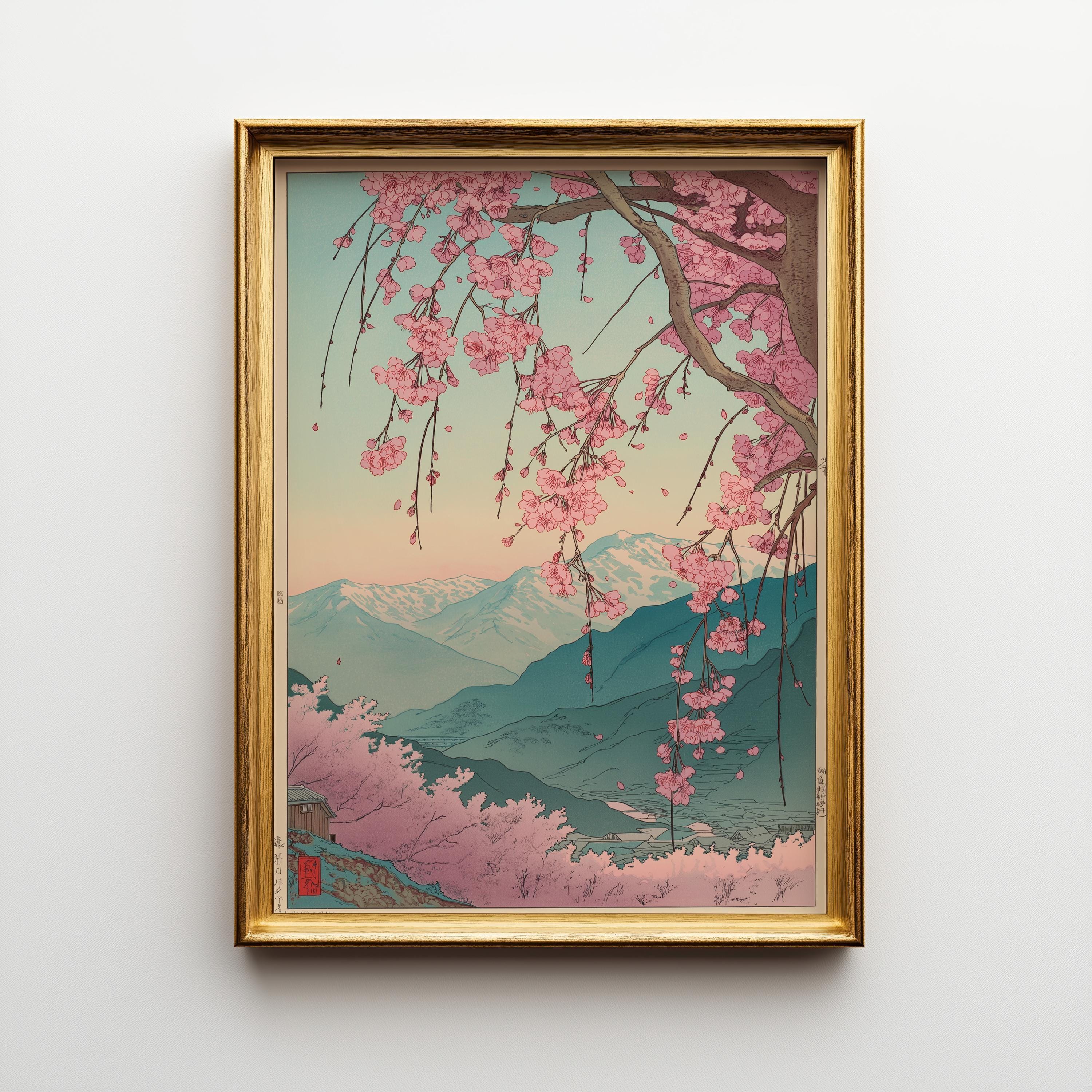 Japanese Cherry Blossom Sakura Tree Pink Floral Mountain Wall Art by The Wall Art Studio
