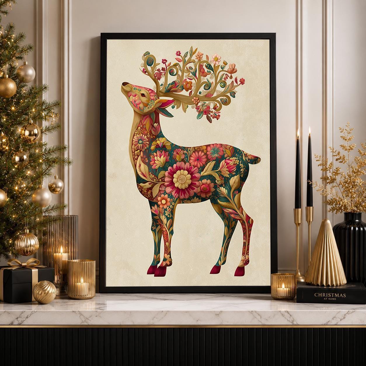 Floral Reindeer Christmas Scandinavian Botanical Wall Art by The Wall Art Studio