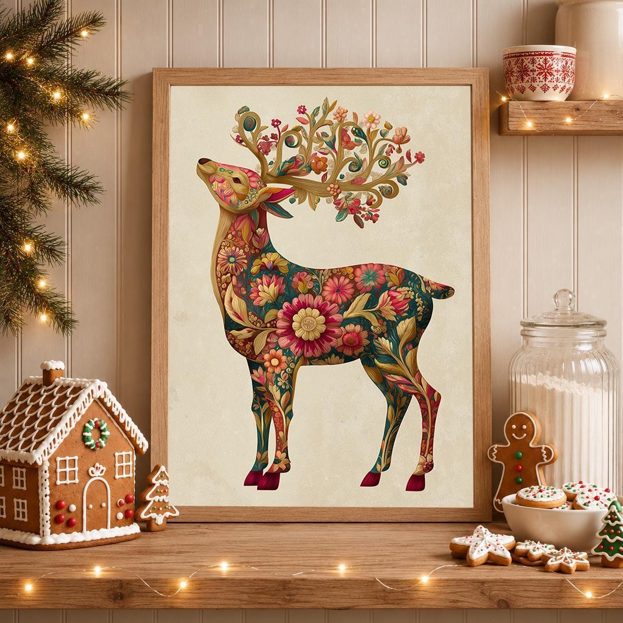 Floral Reindeer Christmas Scandinavian Botanical Wall Art by The Wall Art Studio
