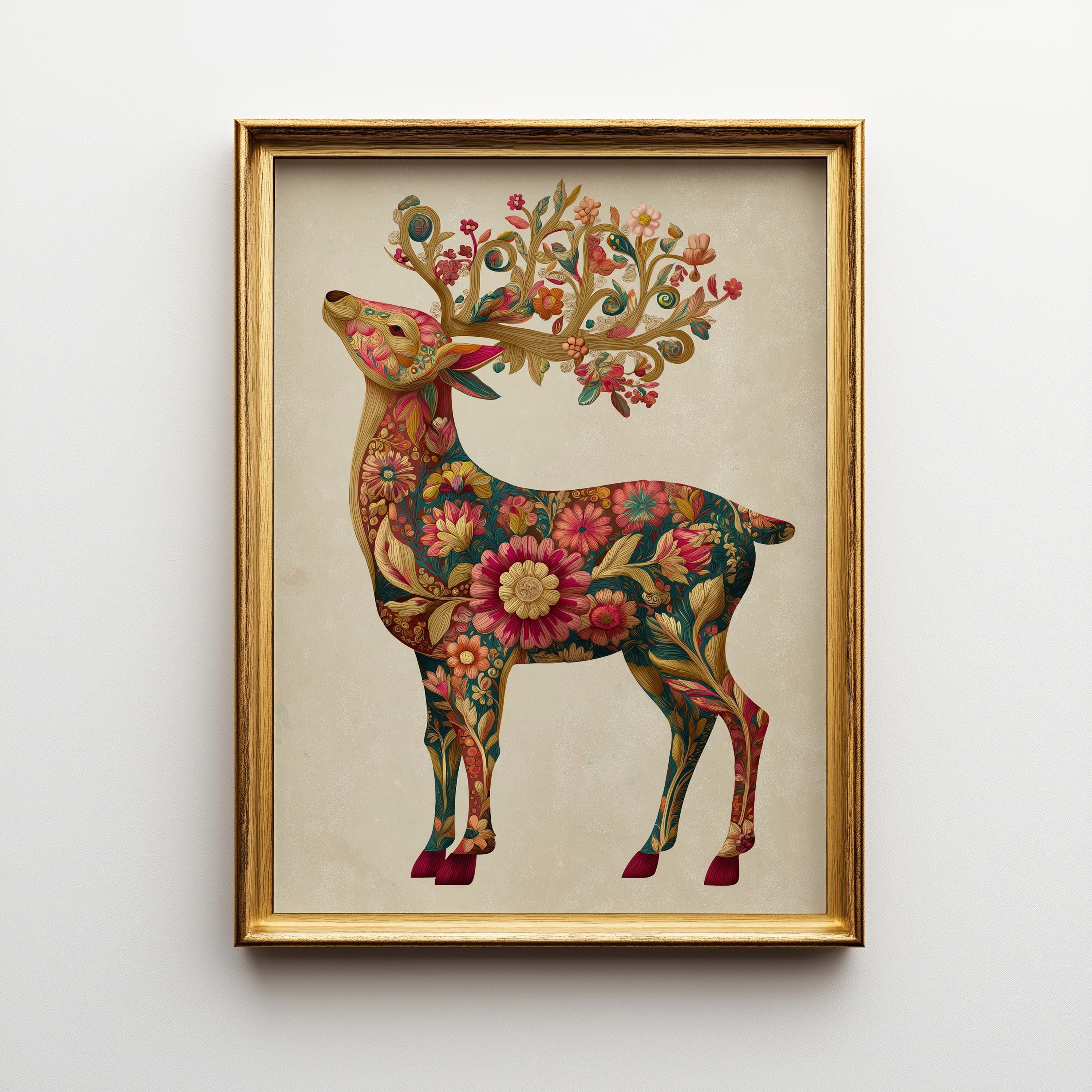 Floral Reindeer Christmas Scandinavian Botanical Wall Art by The Wall Art Studio