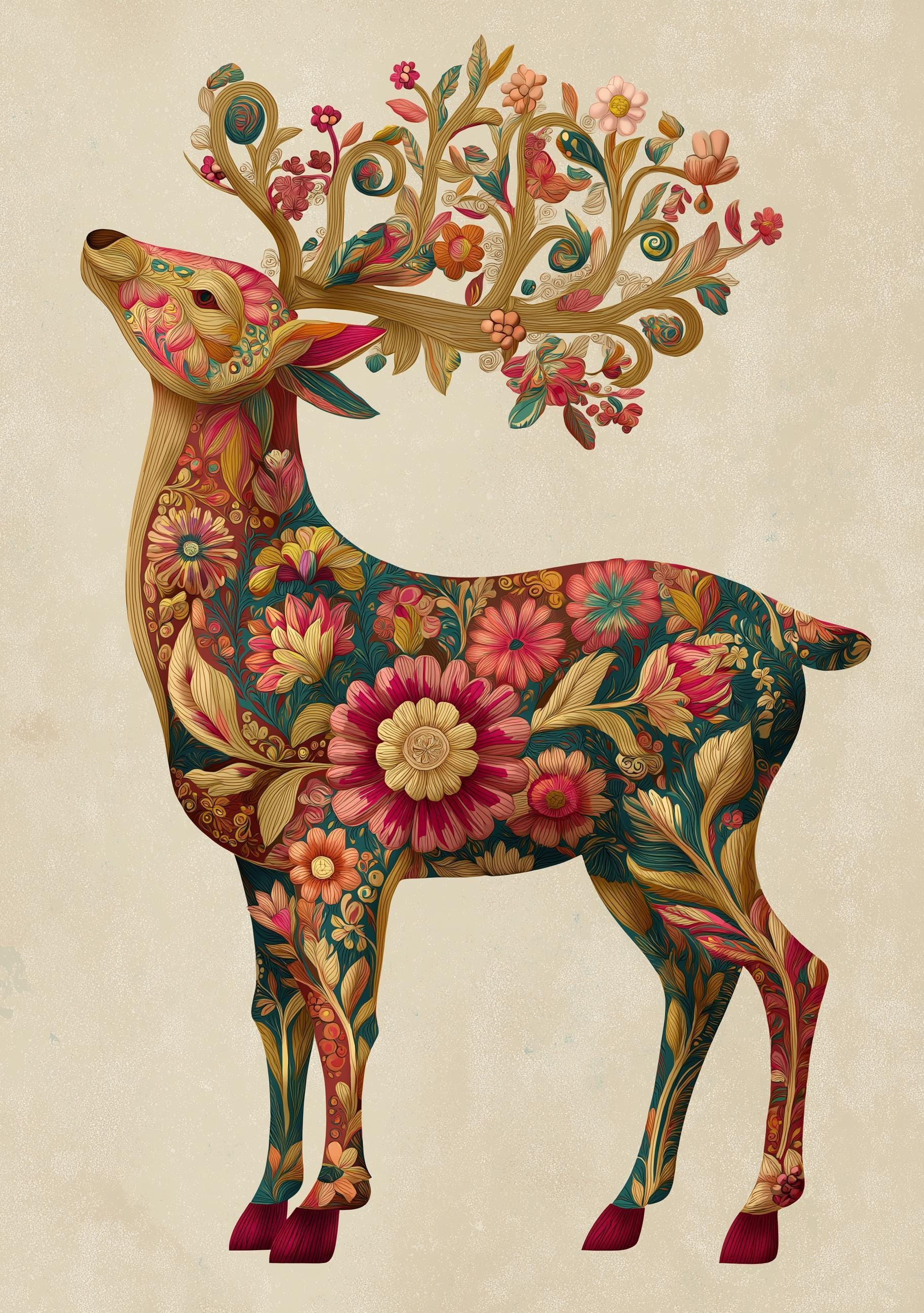 Floral Reindeer Christmas Scandinavian Botanical Wall Art by The Wall Art Studio