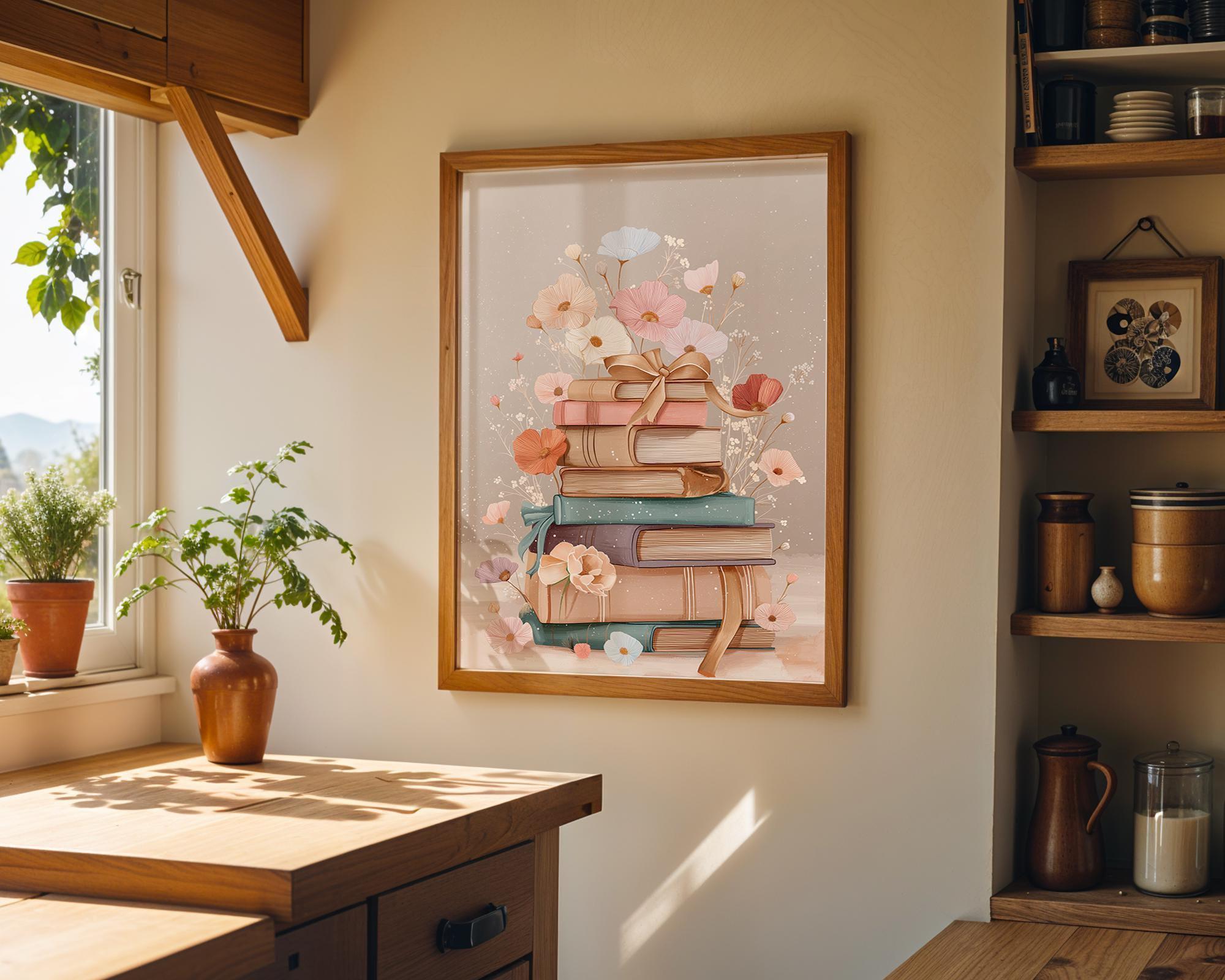 Stacked Books Floral Book Stack Library Wall Art by The Wall Art Studio