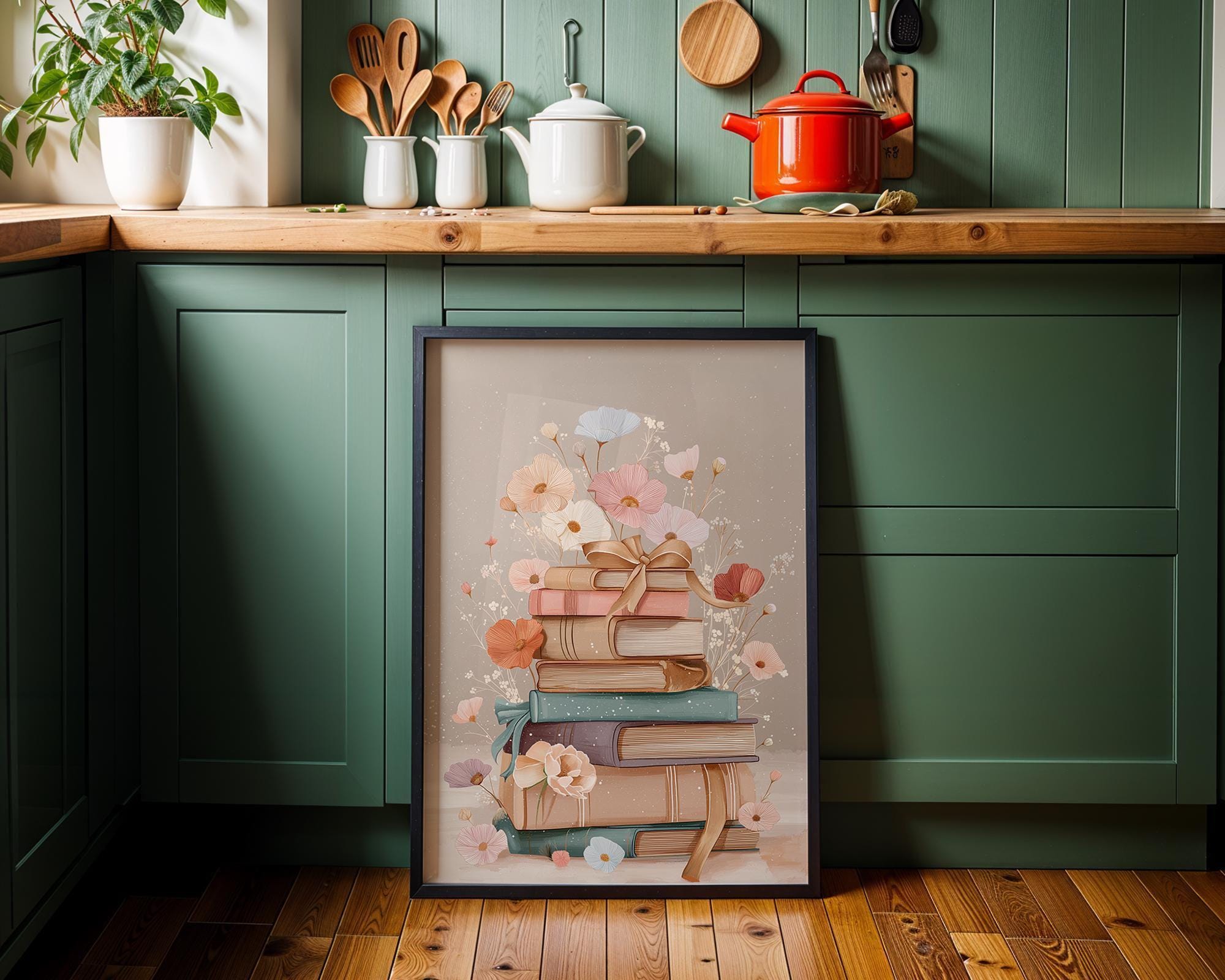 Stacked Books Floral Book Stack Library Wall Art by The Wall Art Studio