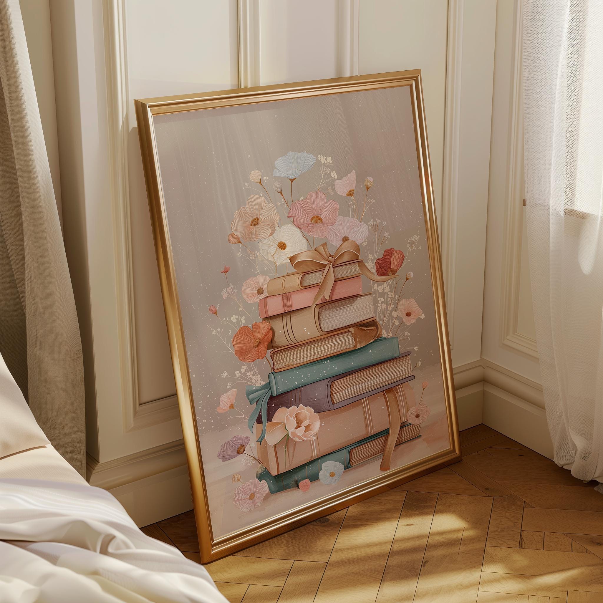 Stacked Books Floral Book Stack Library Wall Art by The Wall Art Studio
