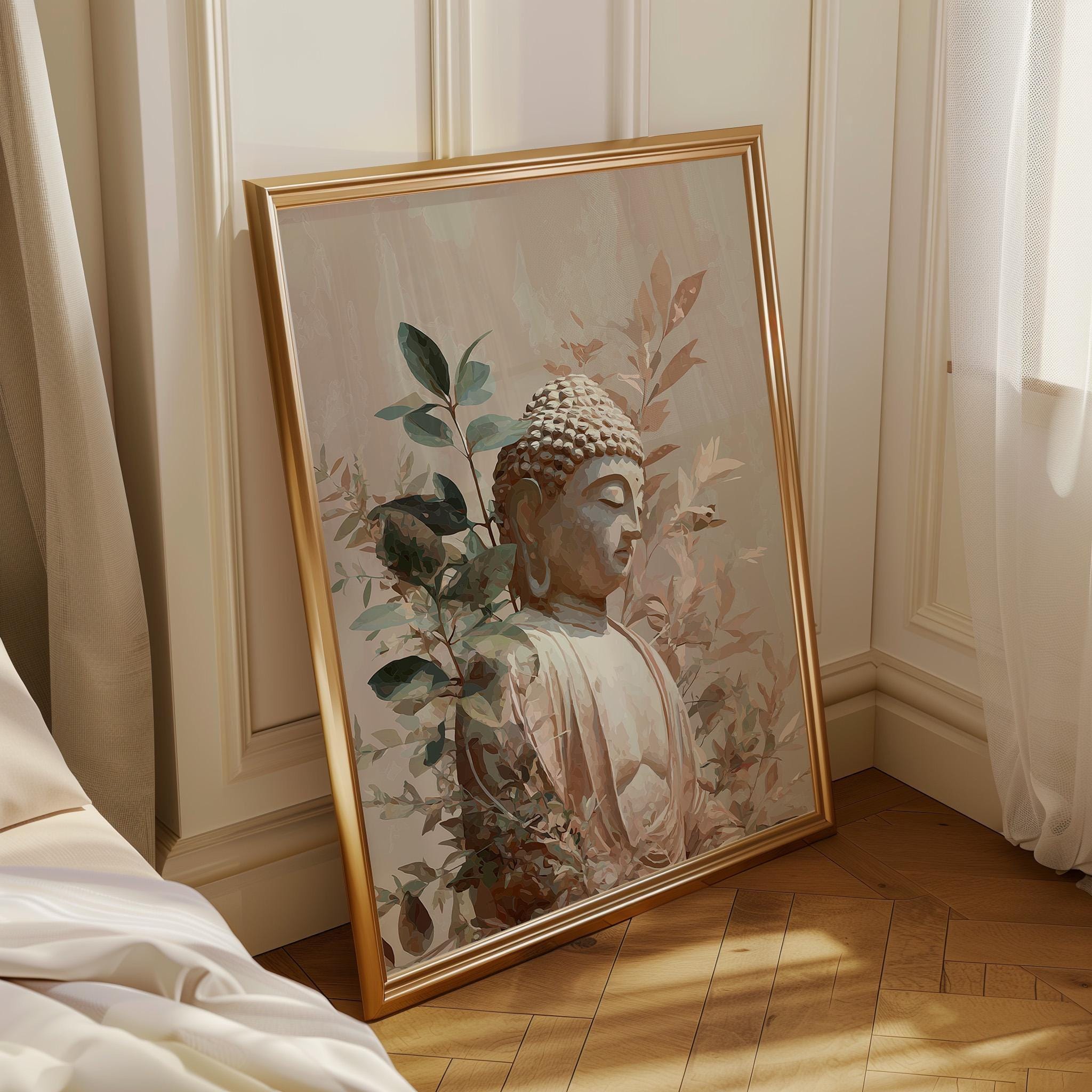Buddha Wall Art Print, Botanical Buddhist, Calm Meditation Décor, Neutral Spiritual Home Art