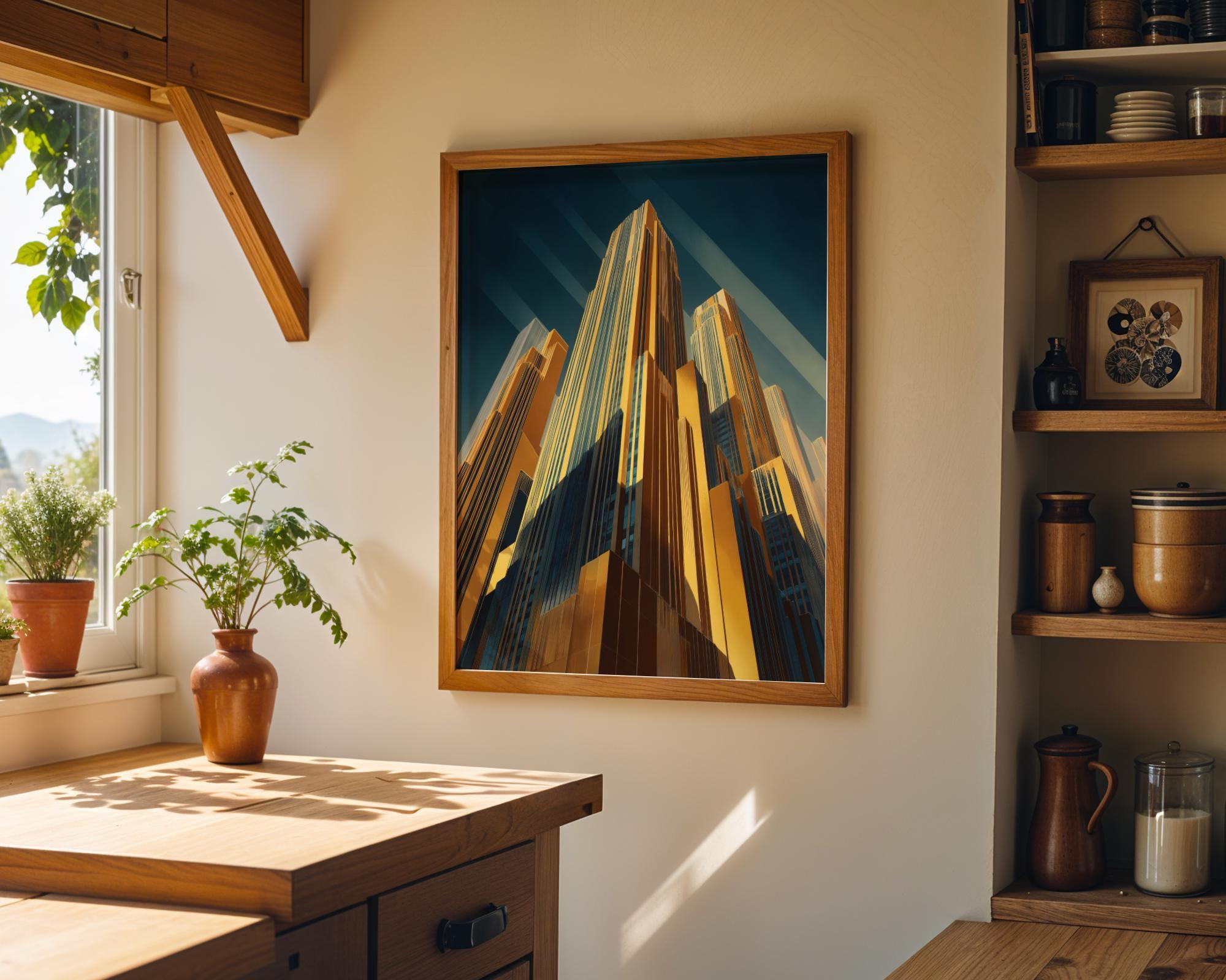 Art Deco Skyscraper Geometric Cityscape Gold & Teal Architecture Wall Art by The Wall Art Studio - physical
