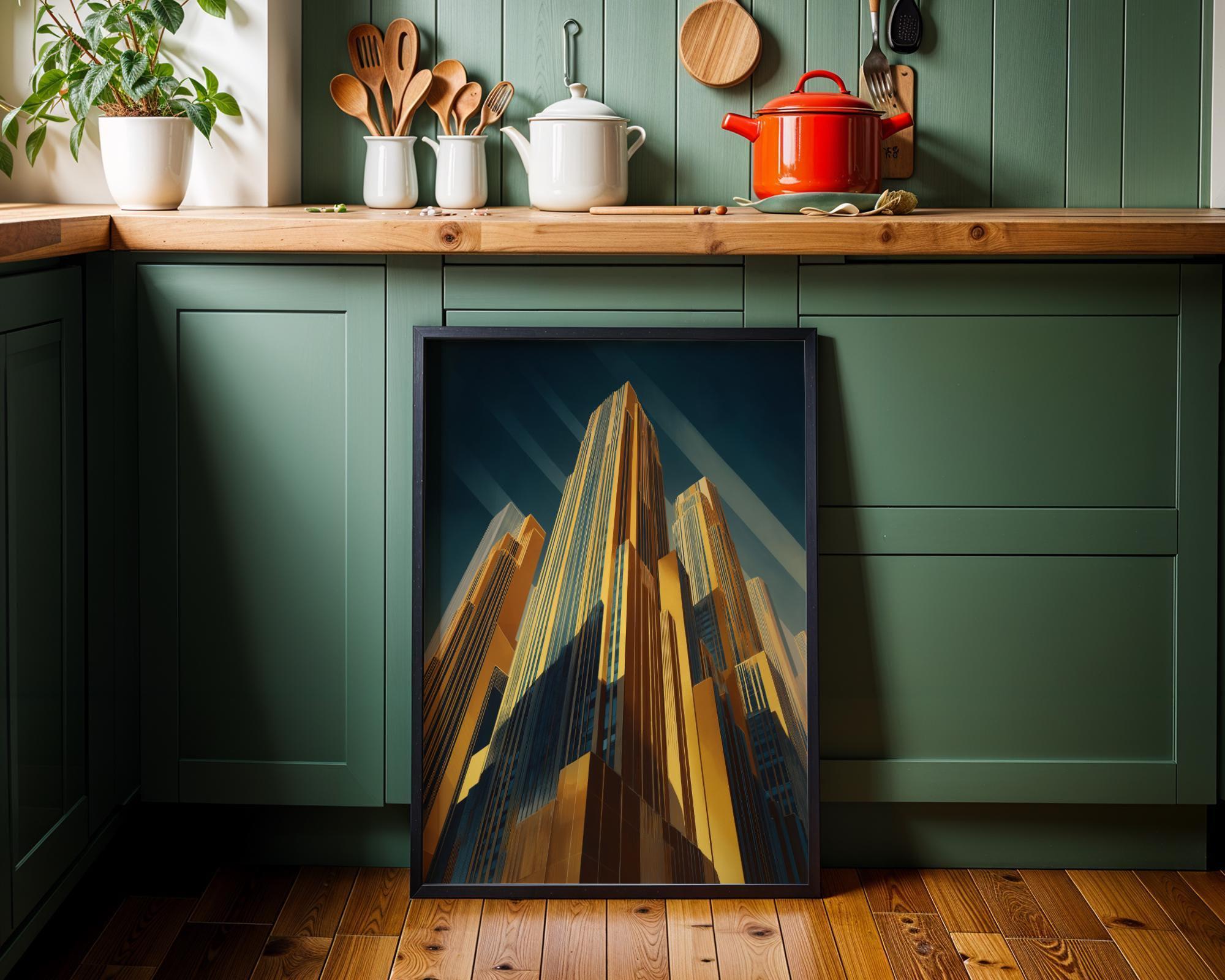 Art Deco Skyscraper Geometric Cityscape Gold & Teal Architecture Wall Art by The Wall Art Studio - physical