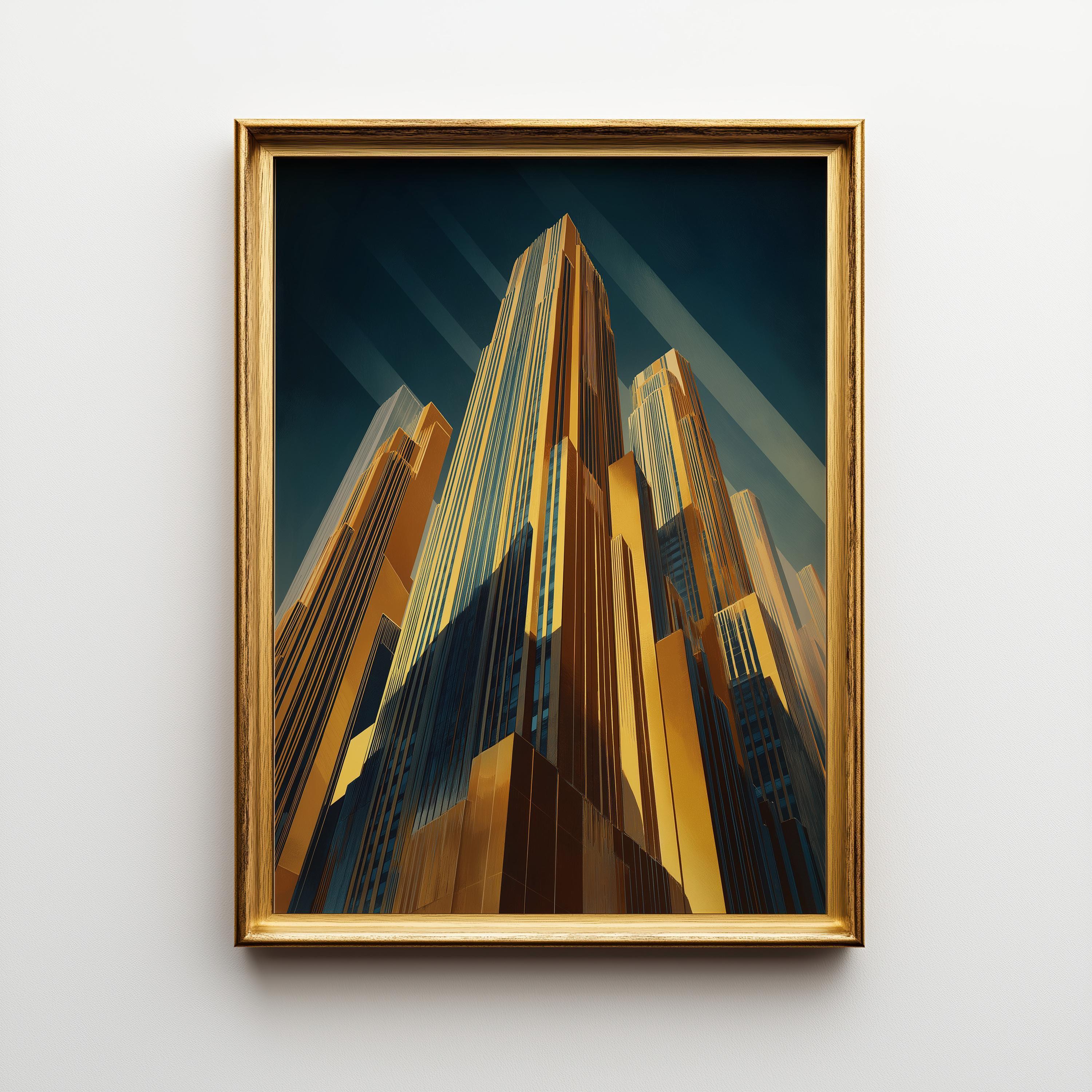 Art Deco Skyscraper Geometric Cityscape Gold & Teal Architecture Wall Art by The Wall Art Studio - physical