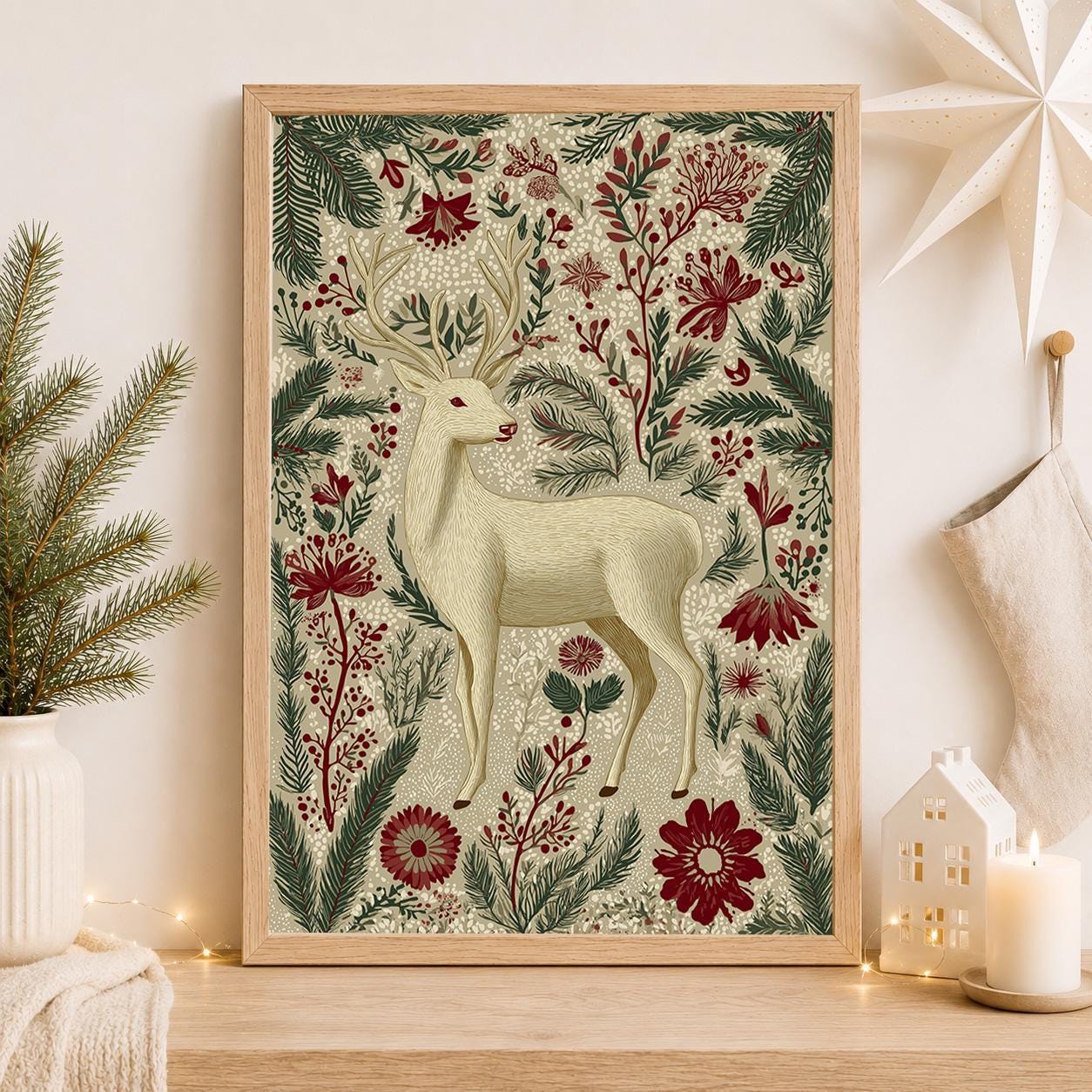 Scandinavian Reindeer Nordic Folk Floral Christmas Wall Art by The Wall Art Studio