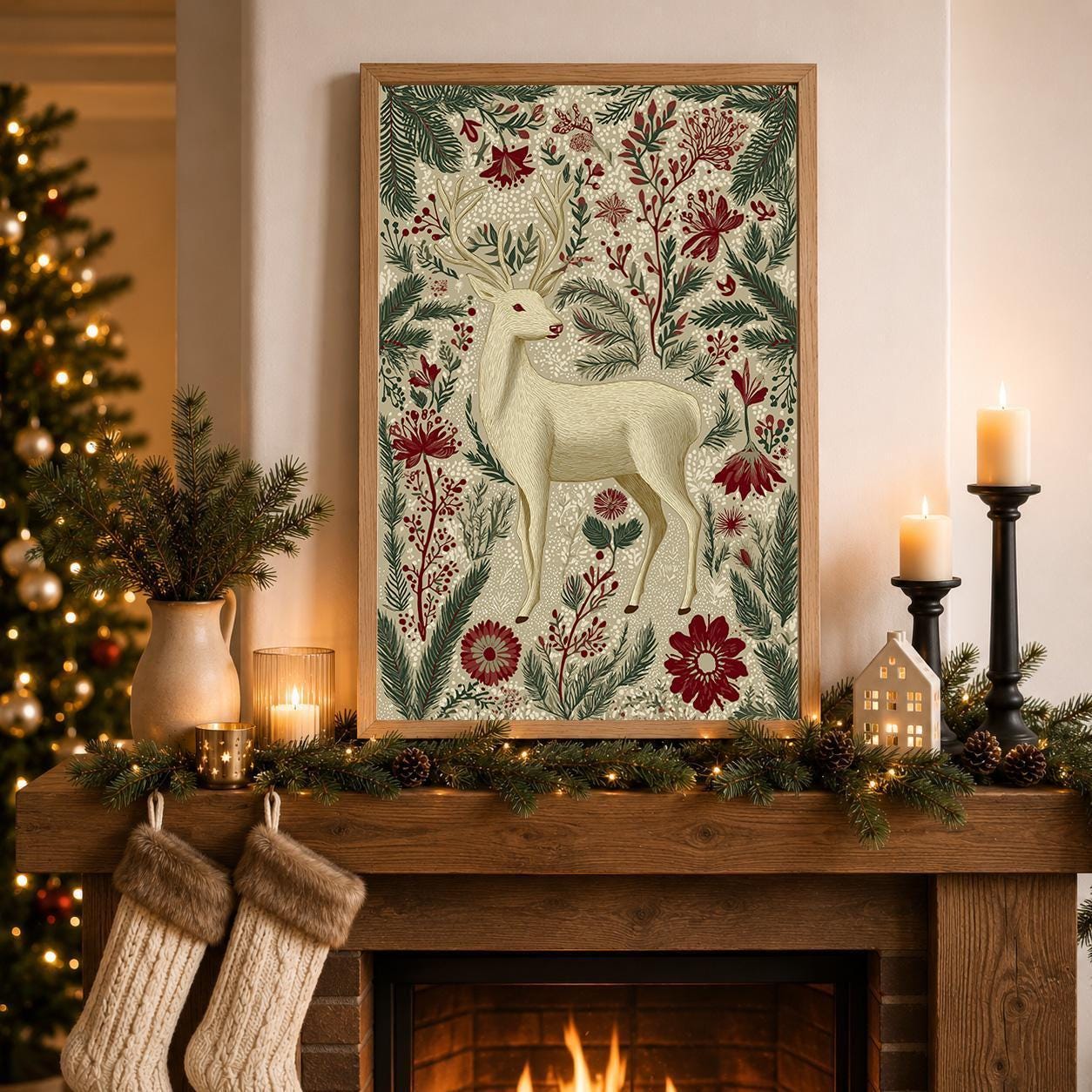 Scandinavian Reindeer Nordic Folk Floral Christmas Wall Art by The Wall Art Studio