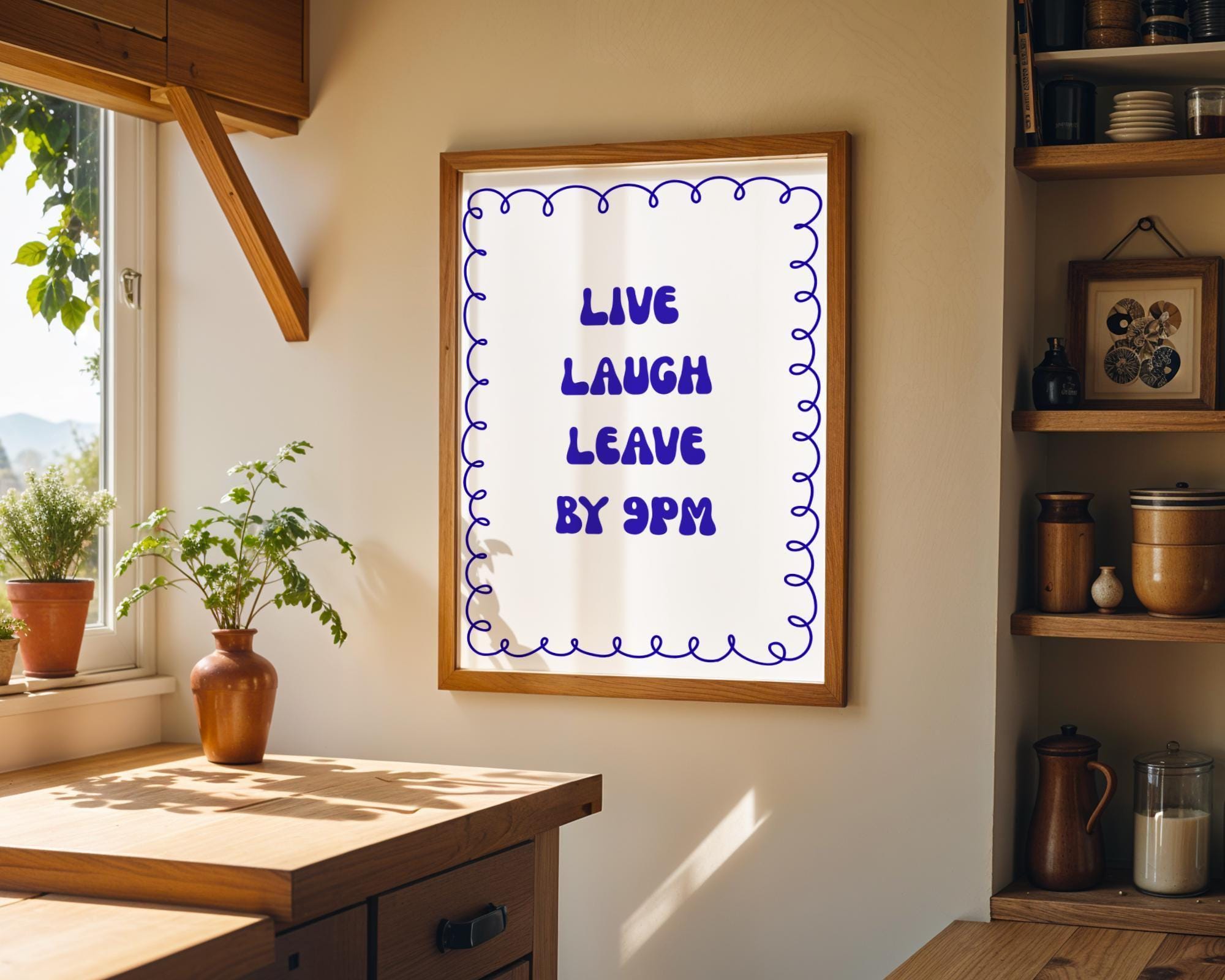 Funny Quote “Live Laugh Leave by 9PM” Minimalist Blue Wall Art by The Wall Art Studio - physical