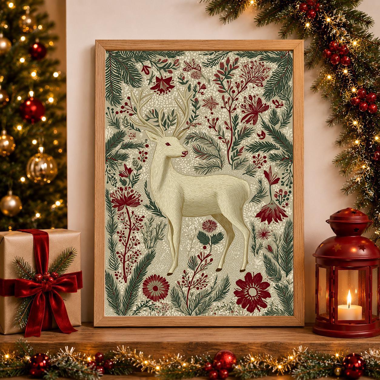 Scandinavian Reindeer Nordic Folk Floral Christmas Wall Art by The Wall Art Studio