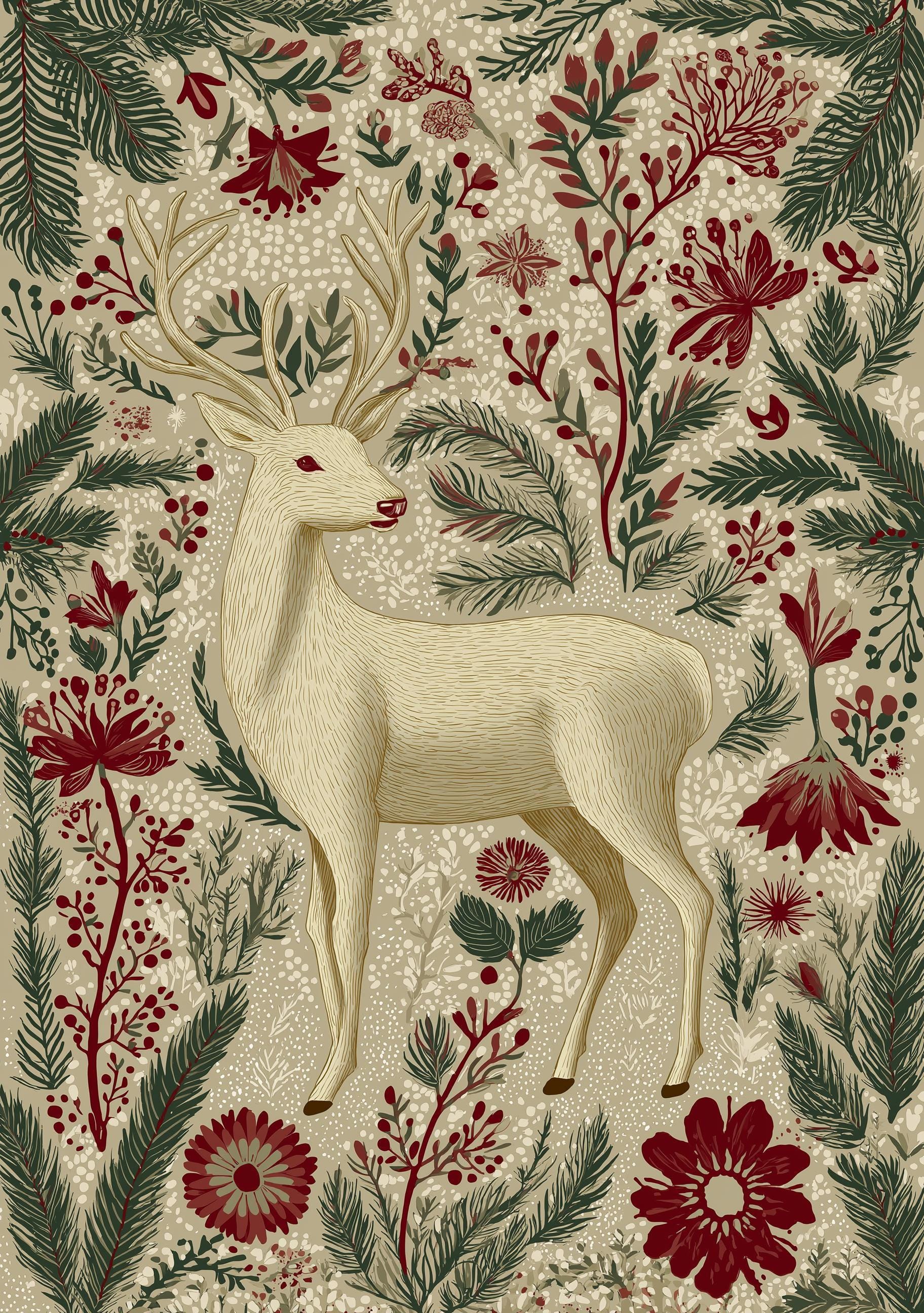 Scandinavian Reindeer Nordic Folk Floral Christmas Wall Art by The Wall Art Studio