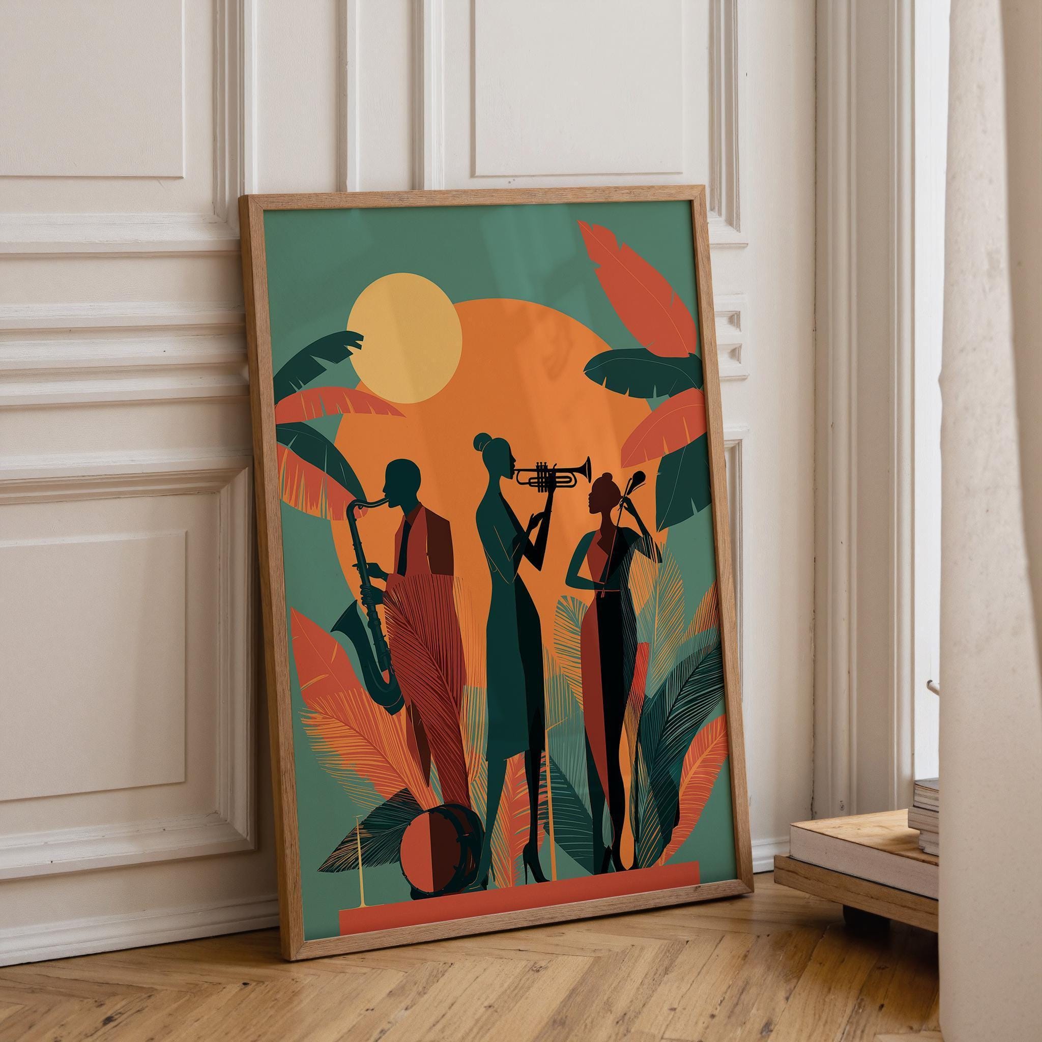 Art Deco Jazz Band Tropical Mid Century Music Wall Art by The Wall Art Studio