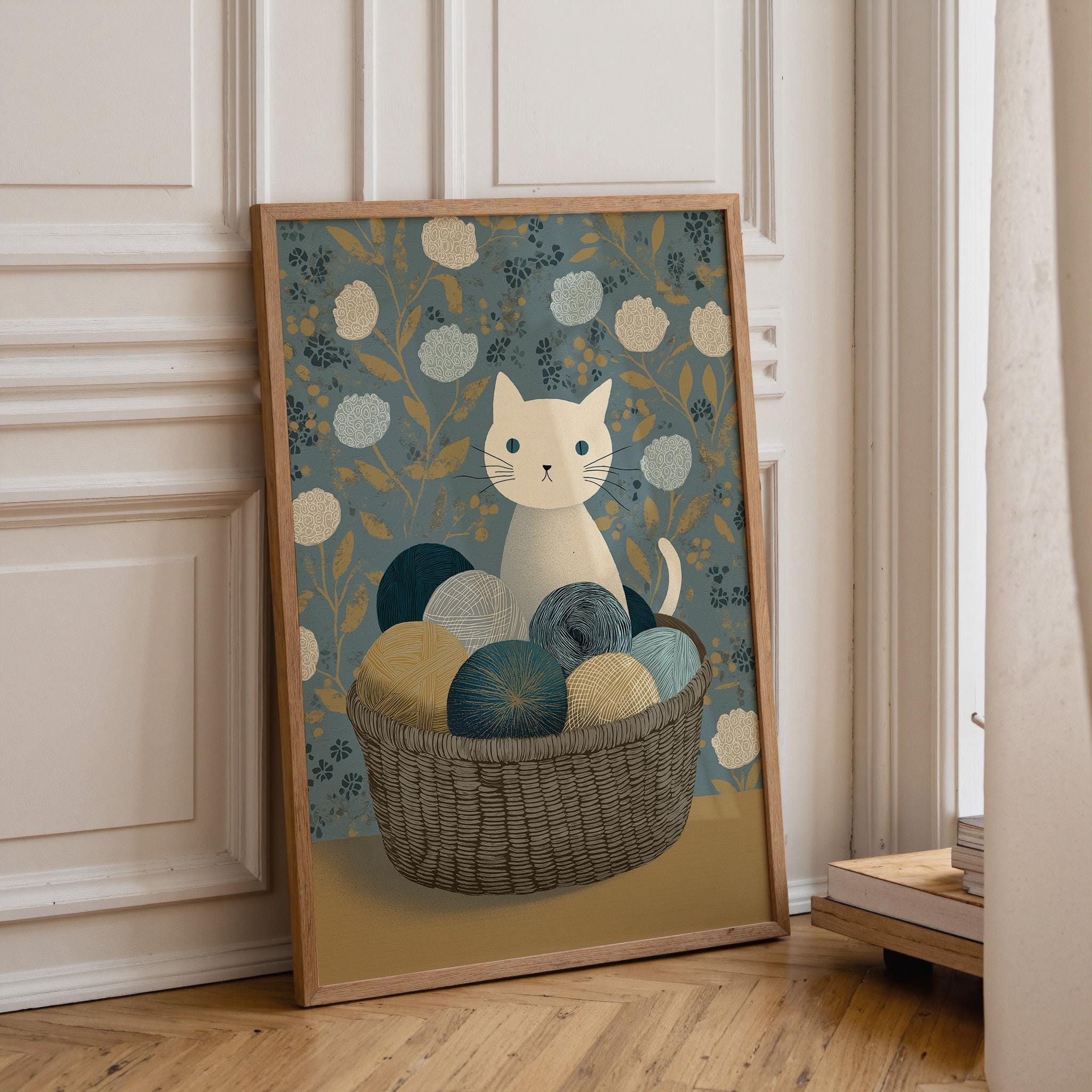 Cat Yarn Basket Knitting Cat Cozy Nursery Wall Art by The Wall Art Studio
