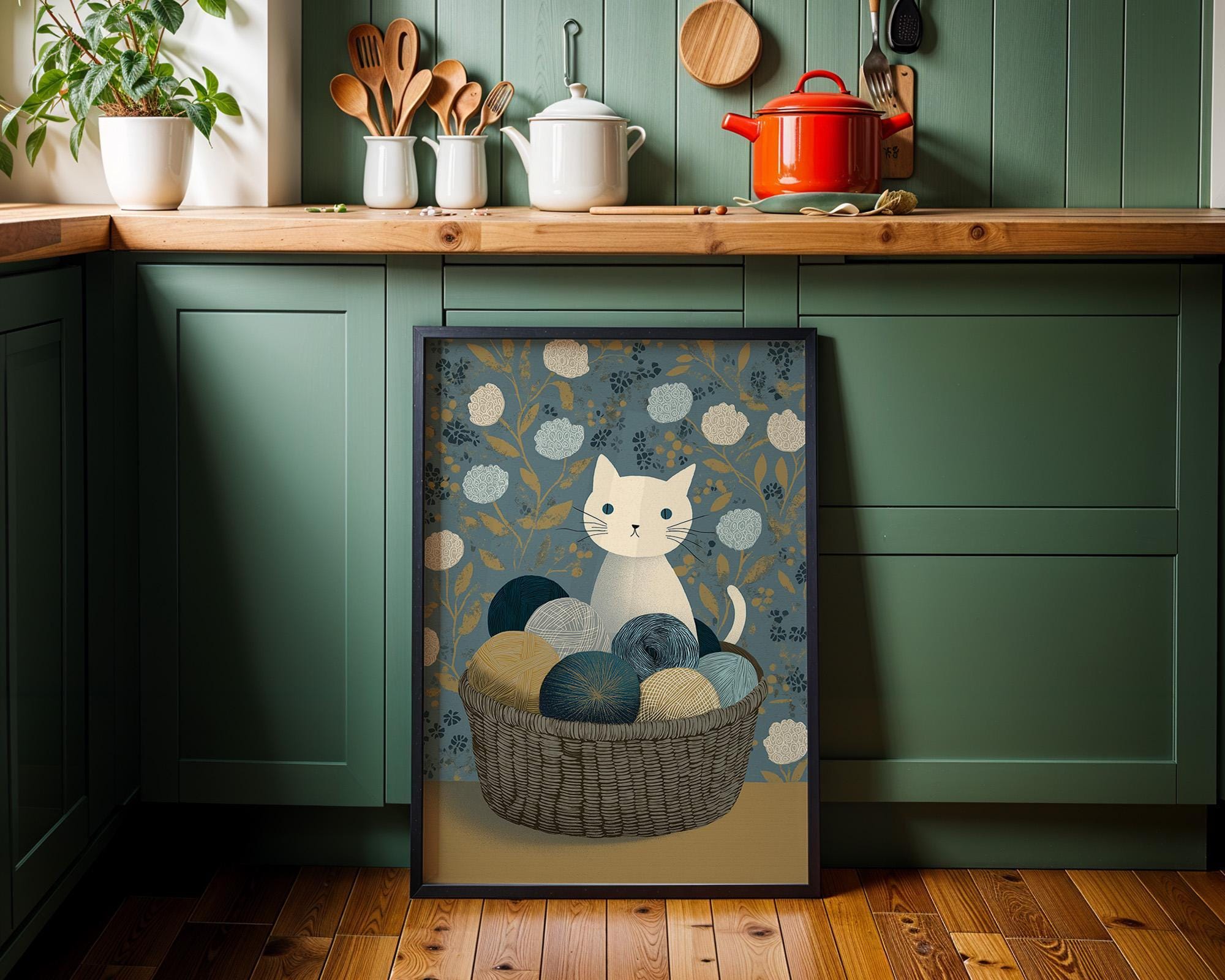 Cat Yarn Basket Knitting Cat Cozy Nursery Wall Art by The Wall Art Studio