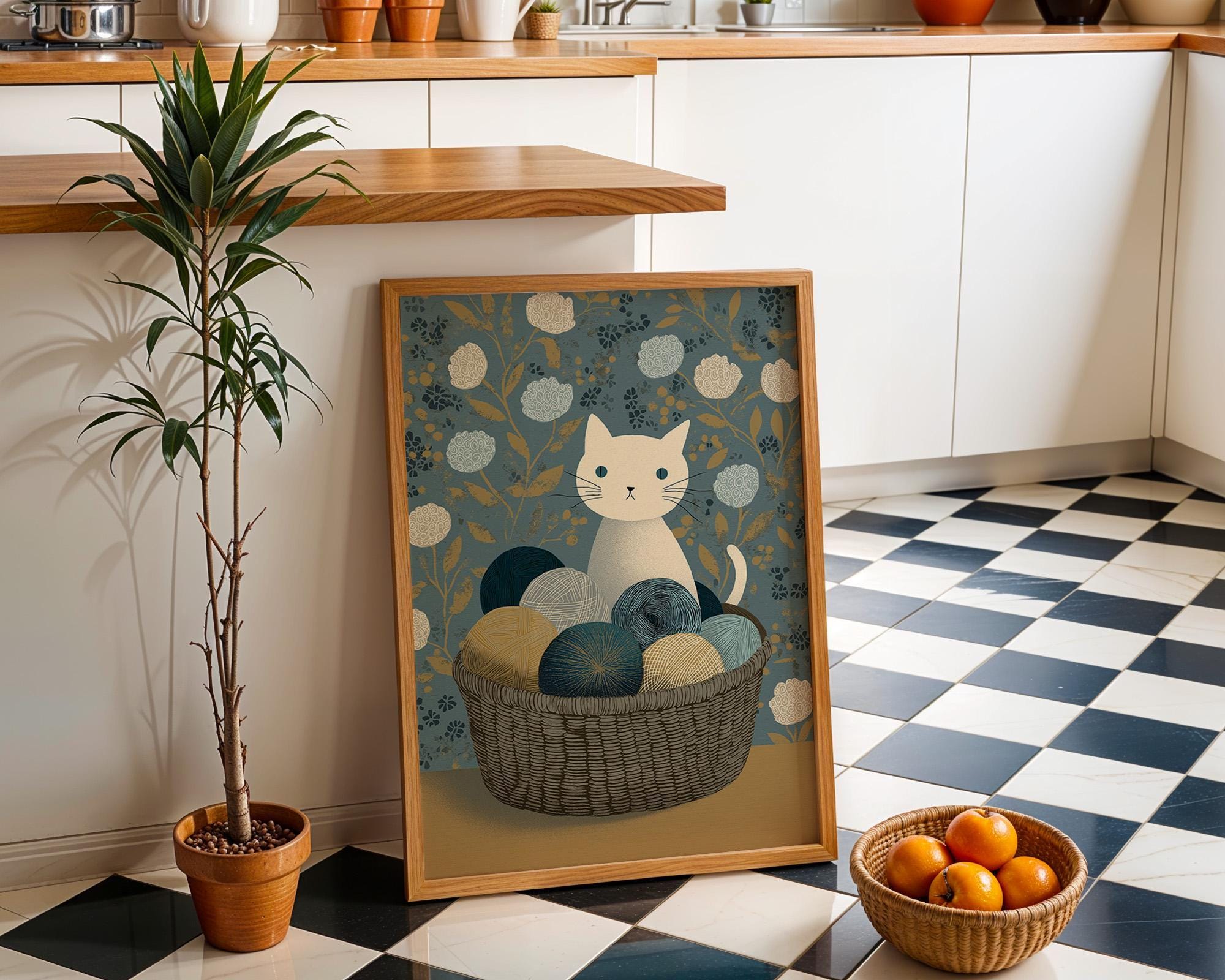Cat Yarn Basket Knitting Cat Cozy Nursery Wall Art by The Wall Art Studio