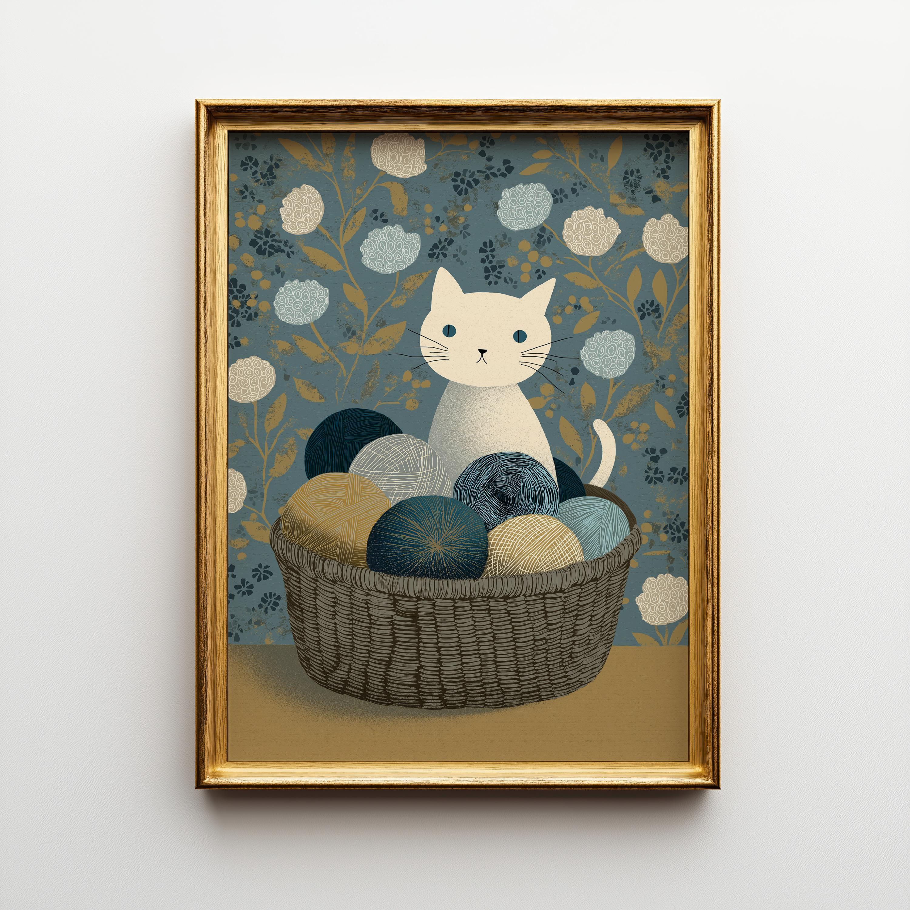 Cat Yarn Basket Knitting Cat Cozy Nursery Wall Art by The Wall Art Studio