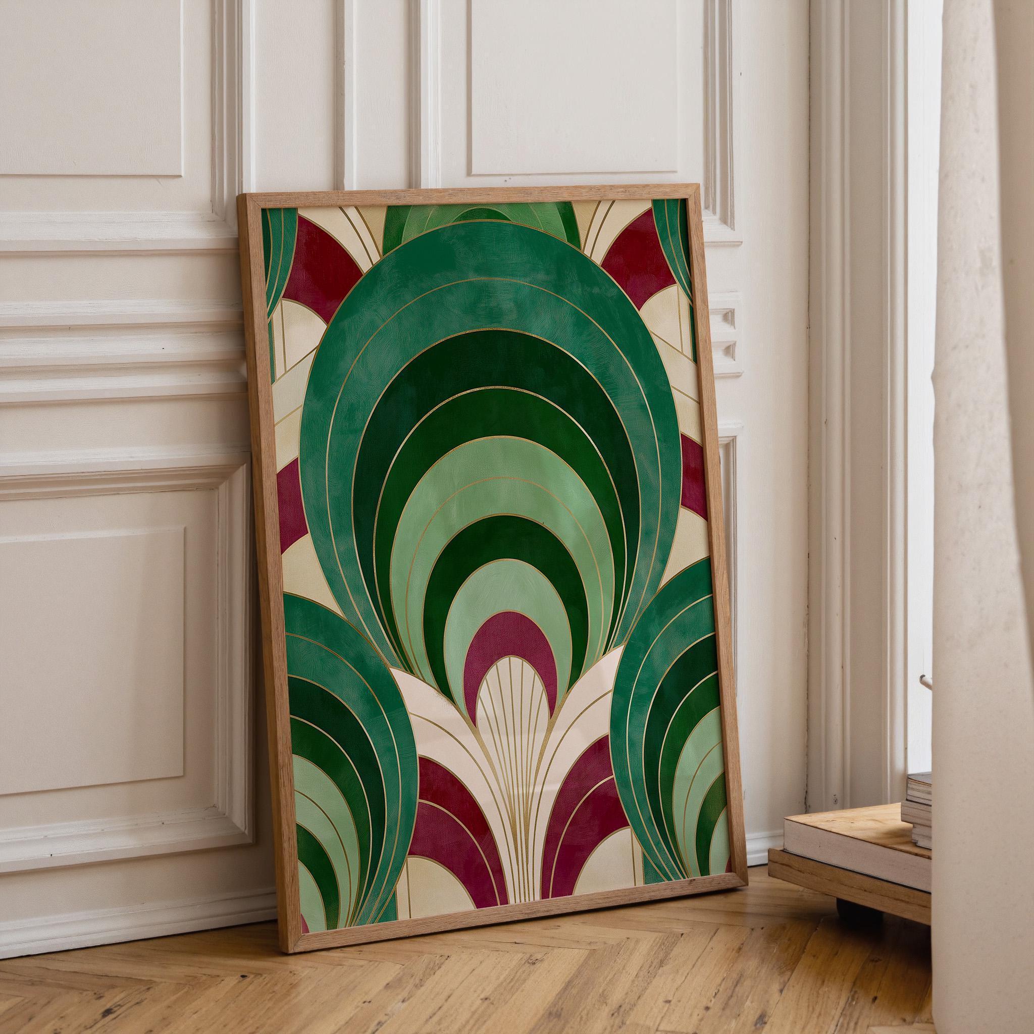 Geometric Gold & Burgundy Abstract Art Deco Emerald Arch Wall Art by The Wall Art Studio