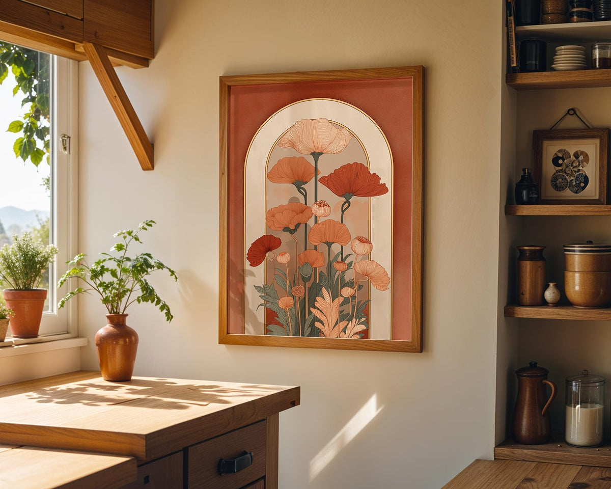 Vintage Floral Art Nouveau Orange Poppy Wall Art by The Wall Art Studio