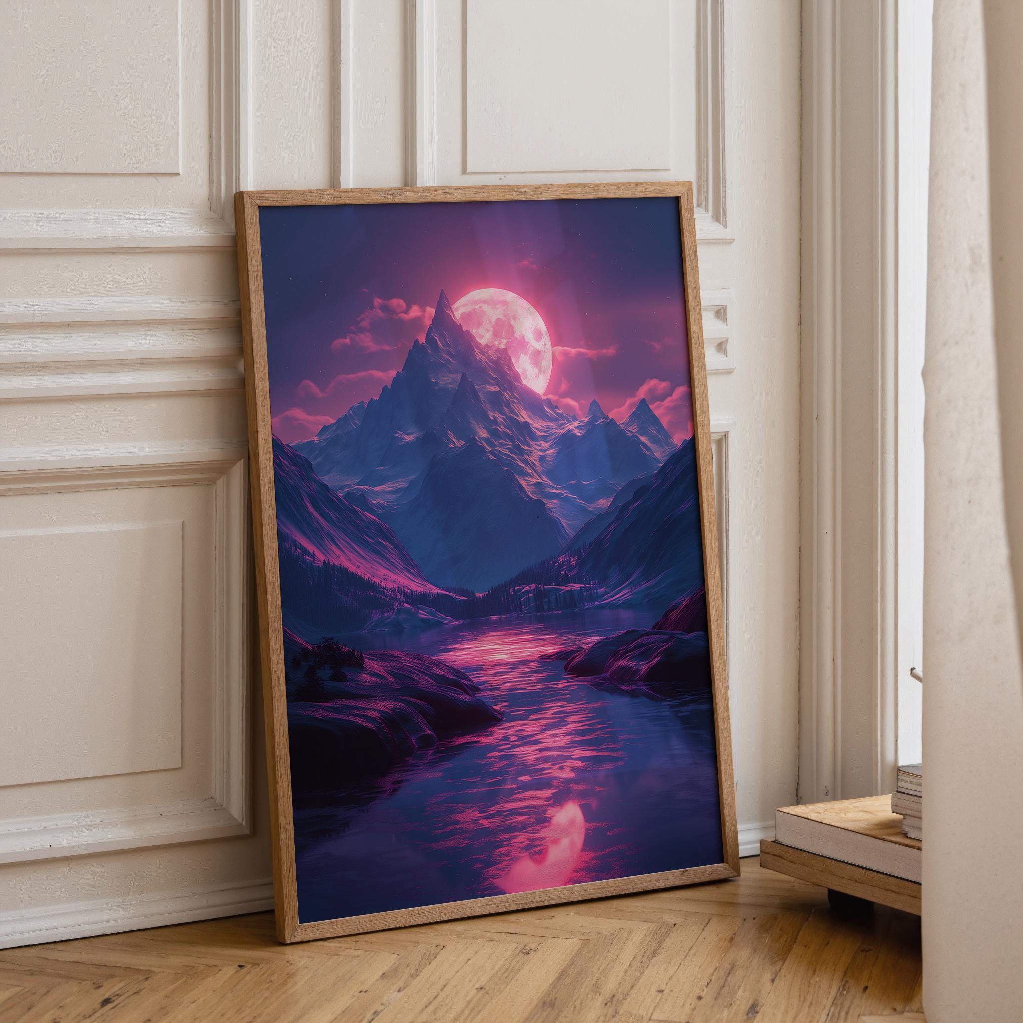1980s Synthwave Mountain Retro Neon Moon Landscape Wall Art by The Wall Art Studio