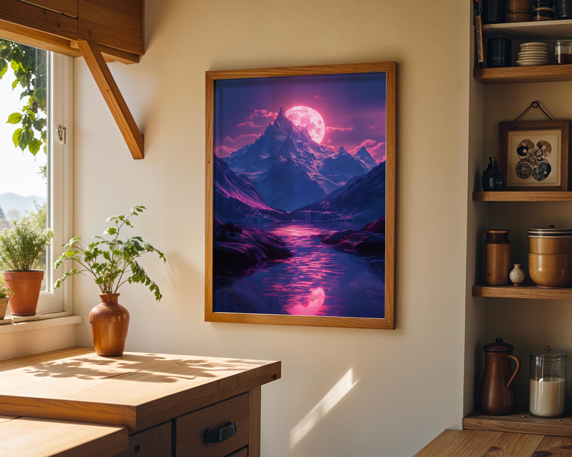1980s Synthwave Mountain Retro Neon Moon Landscape Wall Art by The Wall Art Studio