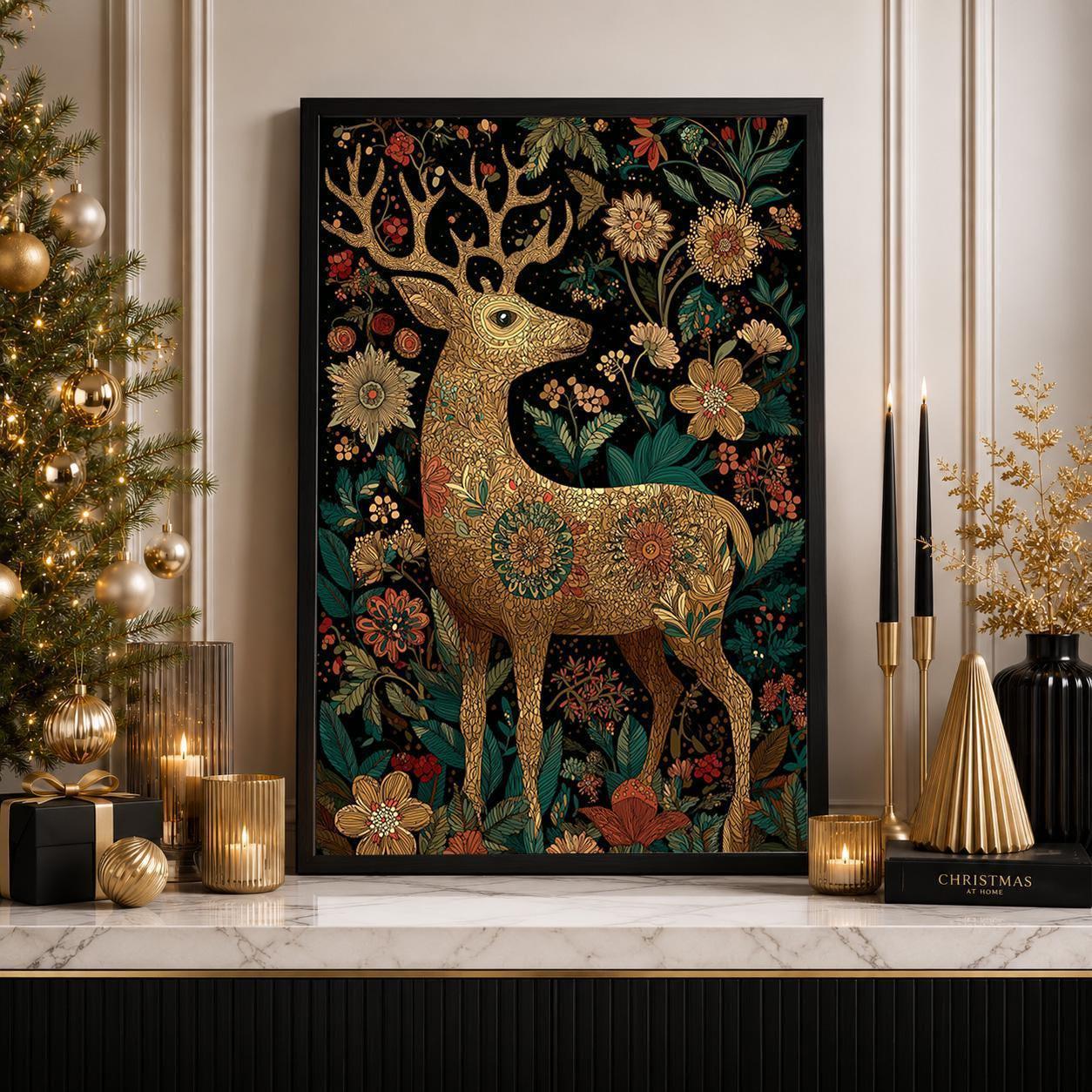 Scandinavian Christmas Nordic Folk Reindeer Wall Art by The Wall Art Studio