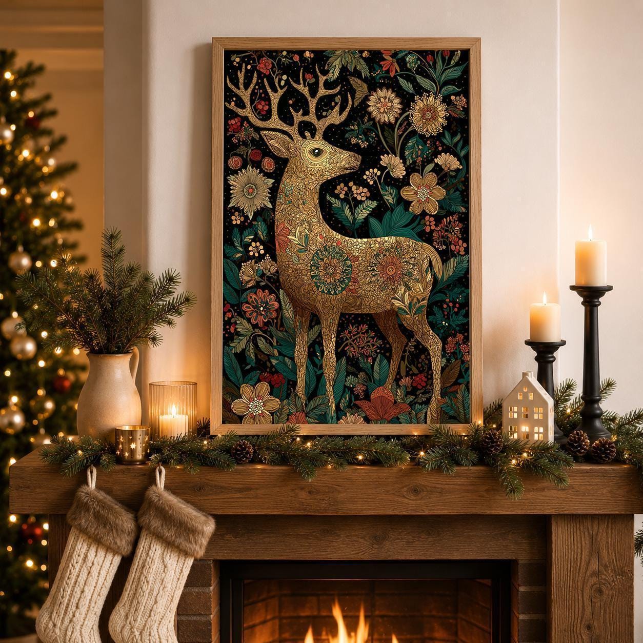 Scandinavian Christmas Nordic Folk Reindeer Wall Art by The Wall Art Studio