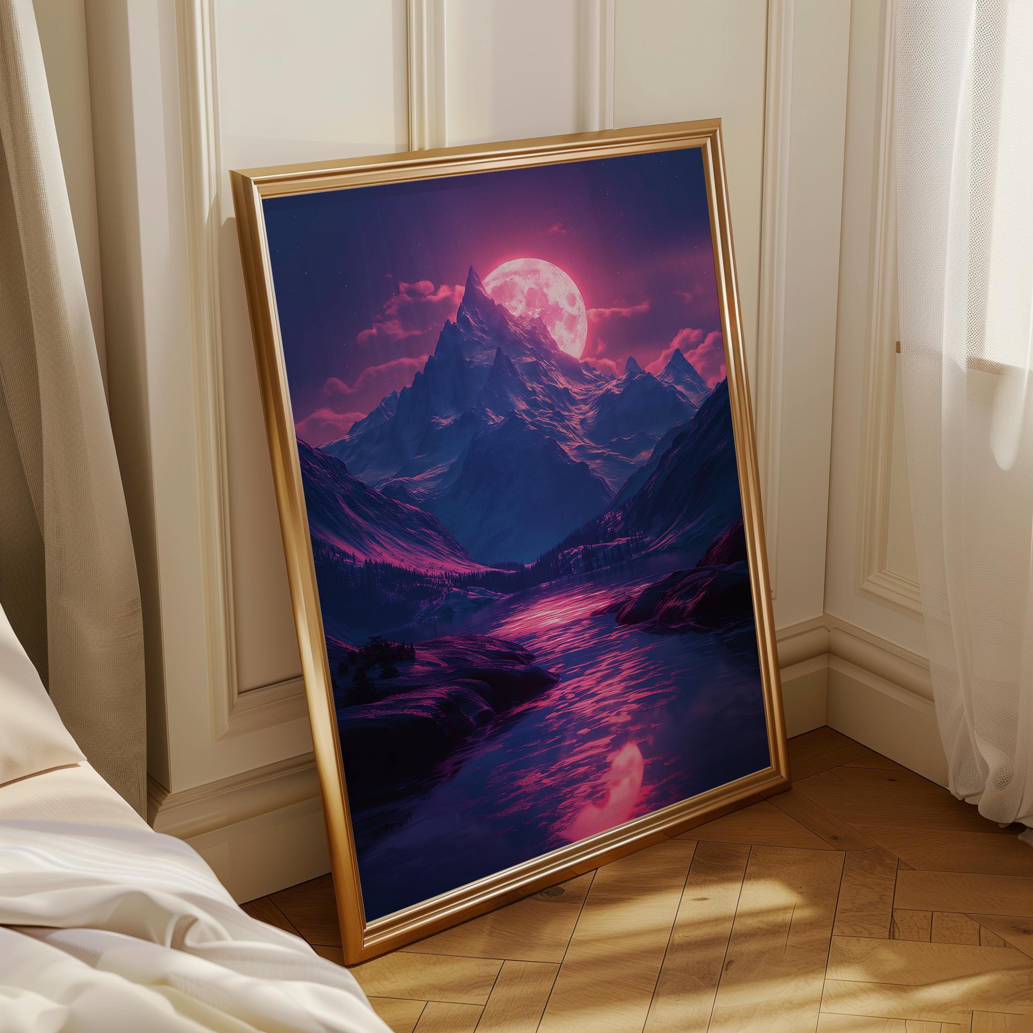 1980s Synthwave Mountain Retro Neon Moon Landscape Wall Art by The Wall Art Studio