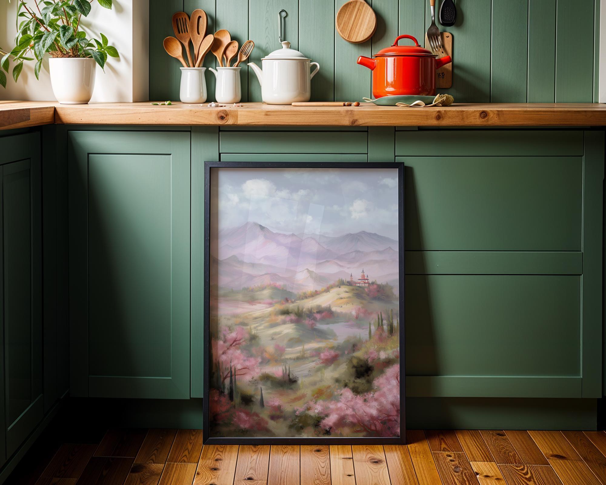 Chinoiserie Landscape Pastel Mountain Scenery Pagoda Wall Art by The Wall Art Studio - physical