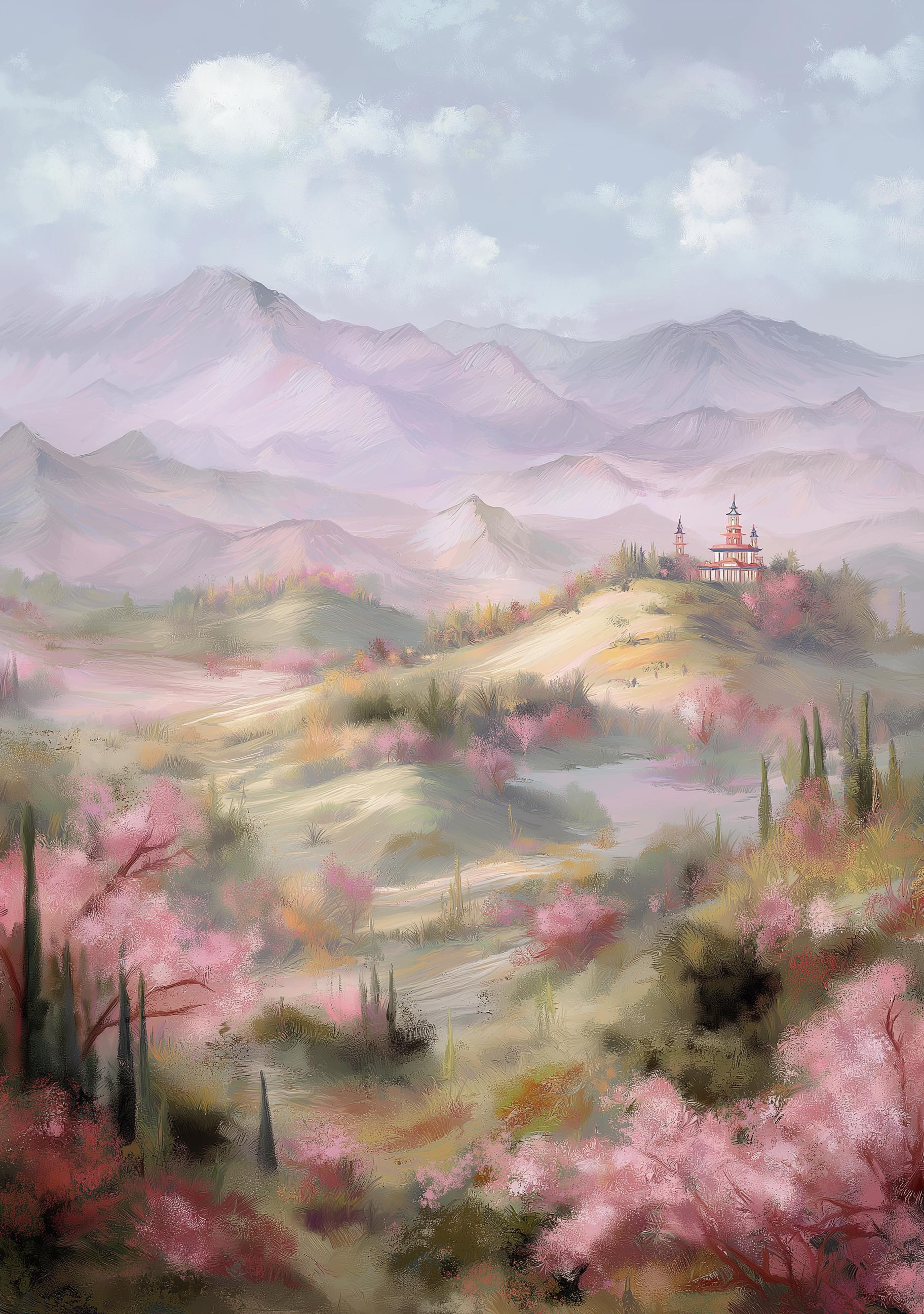Chinoiserie Landscape Pastel Mountain Scenery Pagoda Wall Art by The Wall Art Studio - physical
