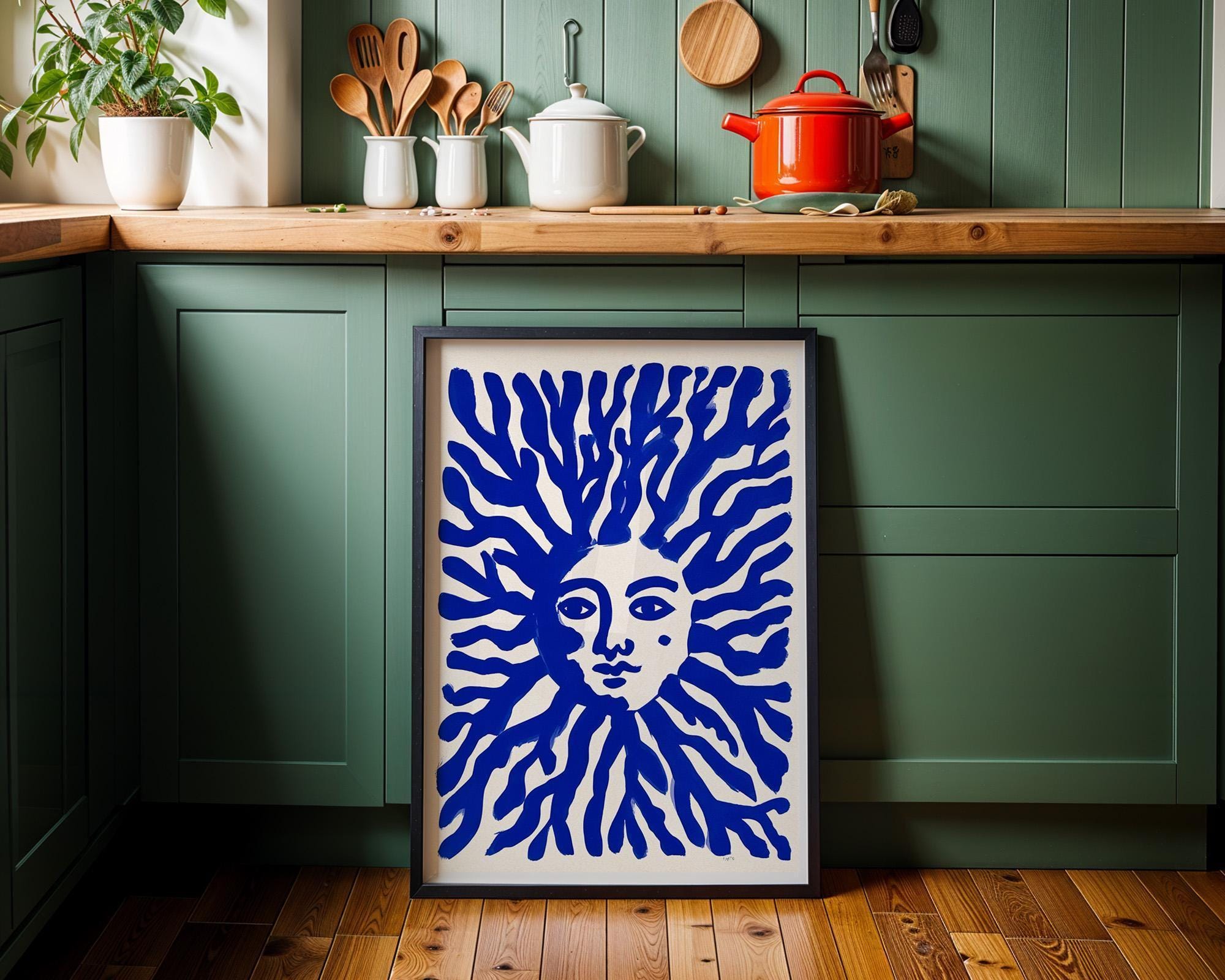 Blue Sun Face Mediterranean Coastal Celestial Wall Art by The Wall Art Studio