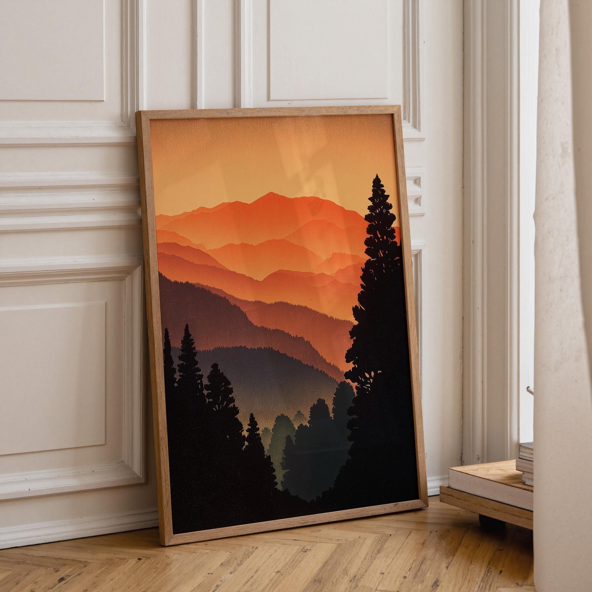 Sunset Japanese Mountain Warm Orange Landscape Forest Wall Art by The Wall Art Studio