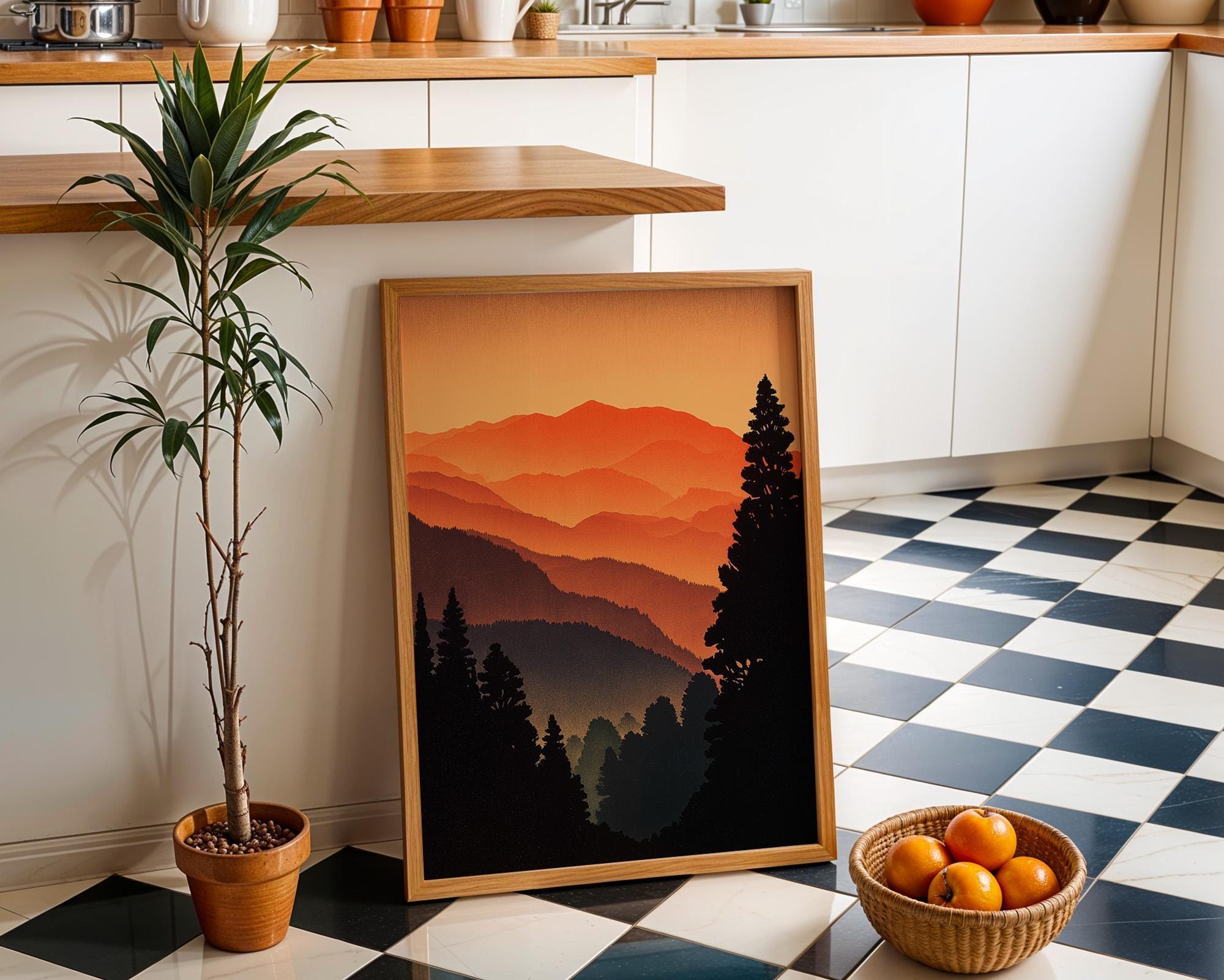 Sunset Japanese Mountain Warm Orange Landscape Forest Wall Art by The Wall Art Studio