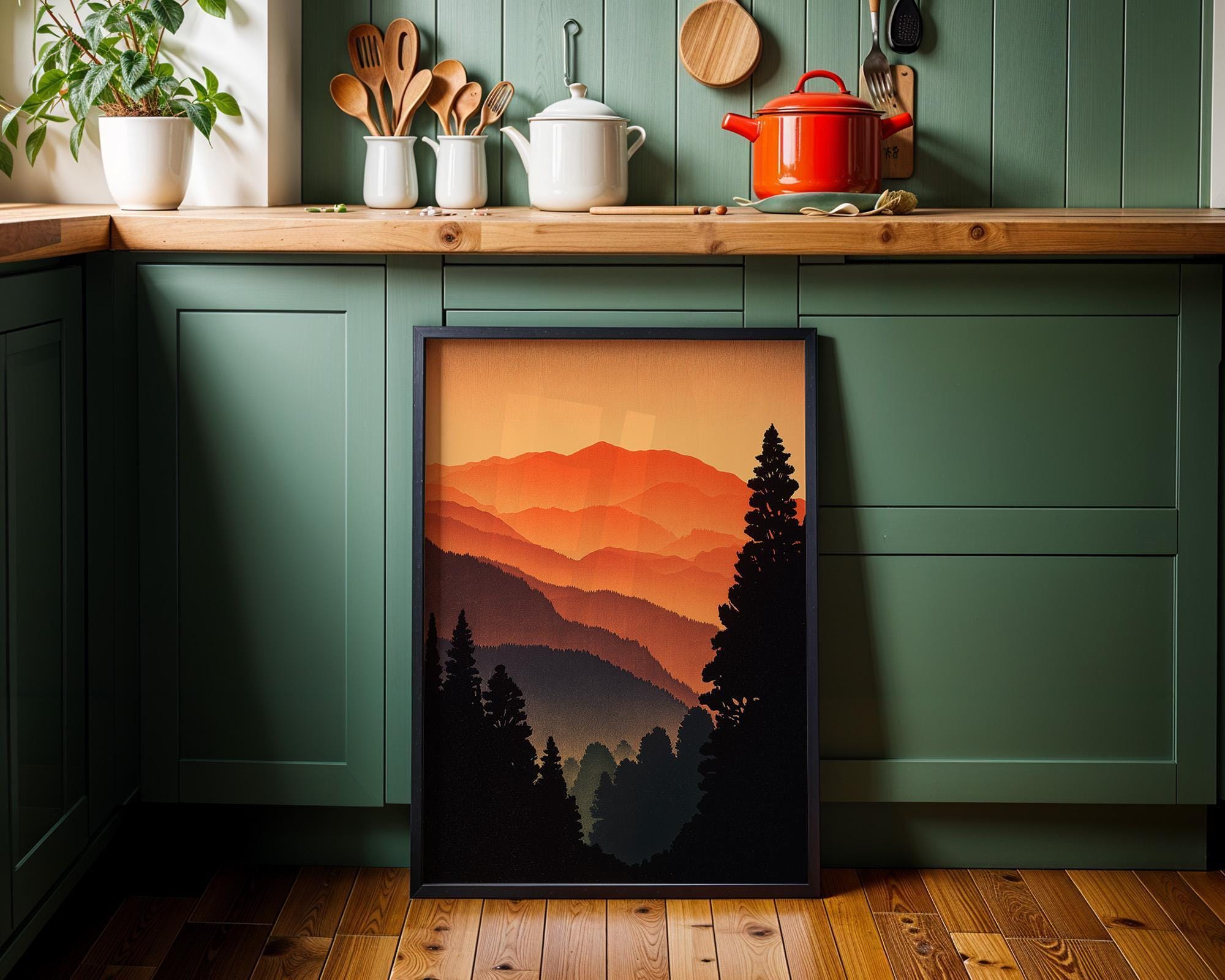 Sunset Japanese Mountain Warm Orange Landscape Forest Wall Art by The Wall Art Studio