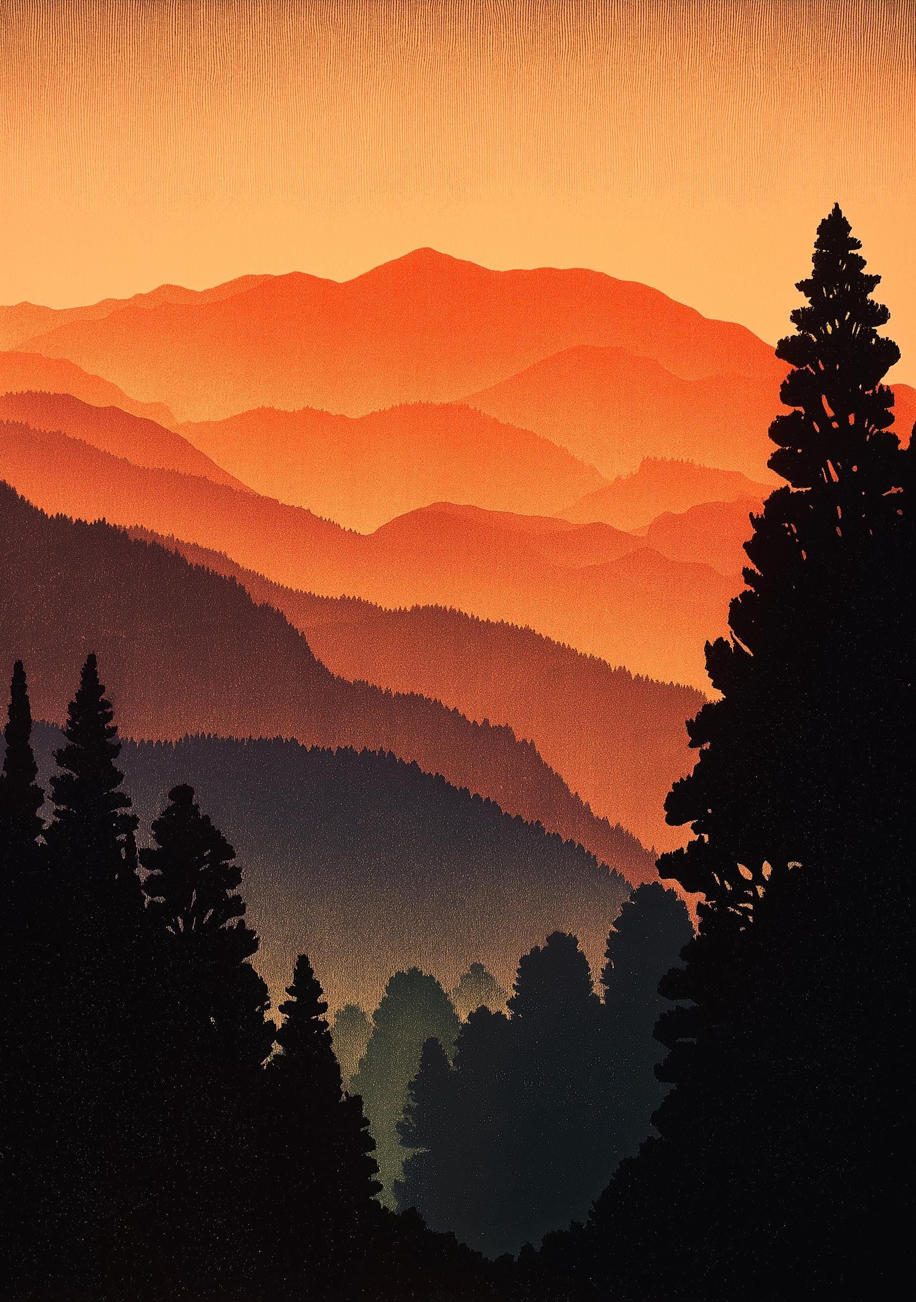 Sunset Japanese Mountain Warm Orange Landscape Forest Wall Art by The Wall Art Studio