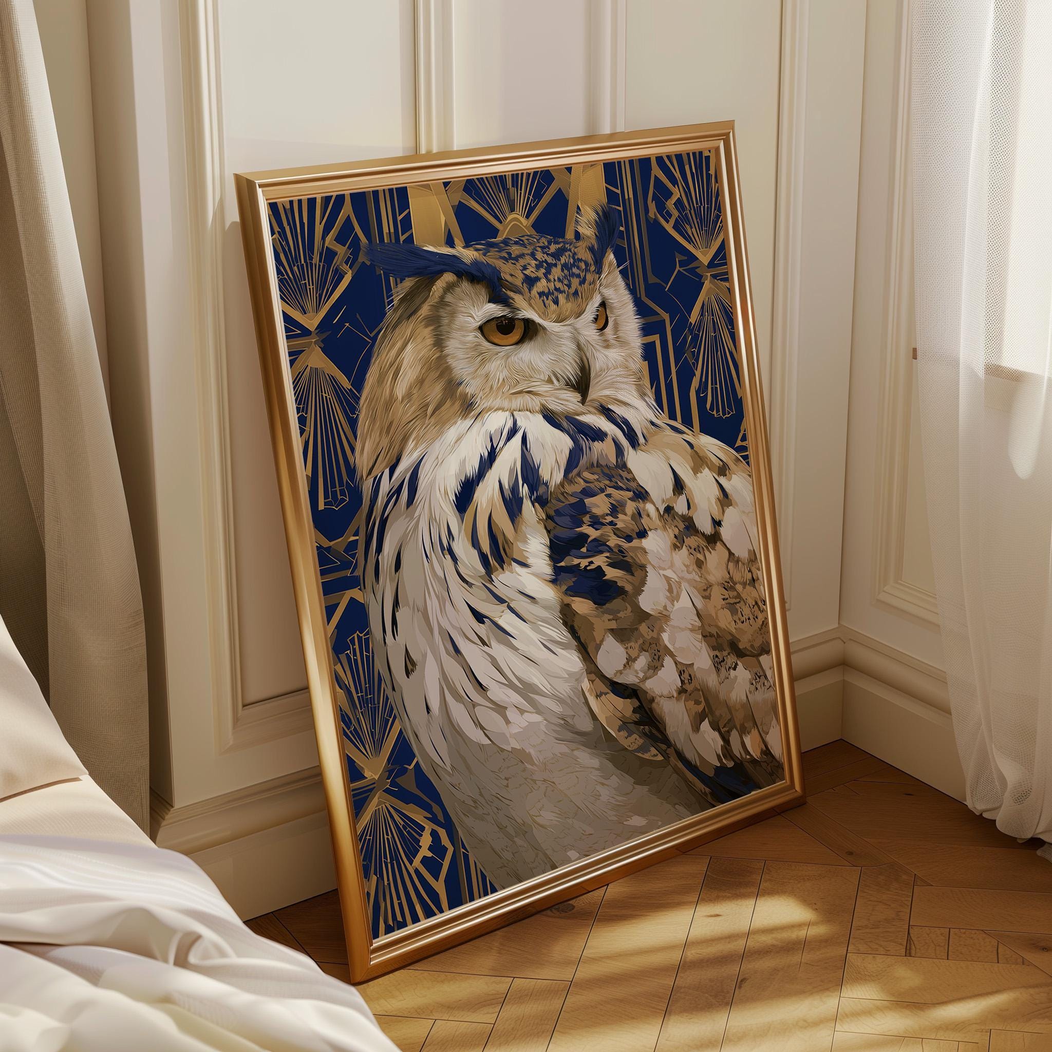 Art Deco Vintage Blue & Gold Owl Wall Art by The Wall Art Studio