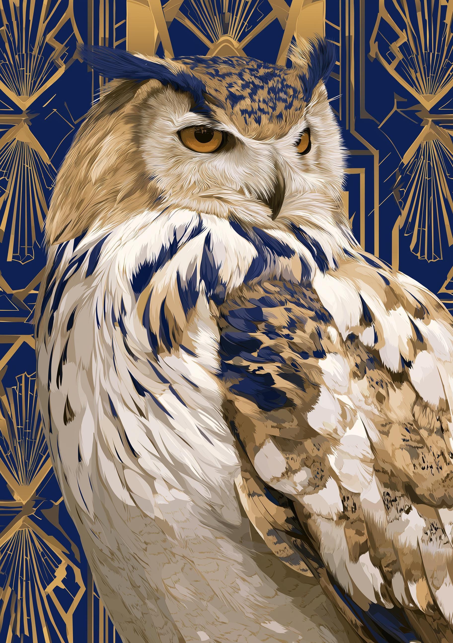 Art Deco Vintage Blue & Gold Owl Wall Art by The Wall Art Studio