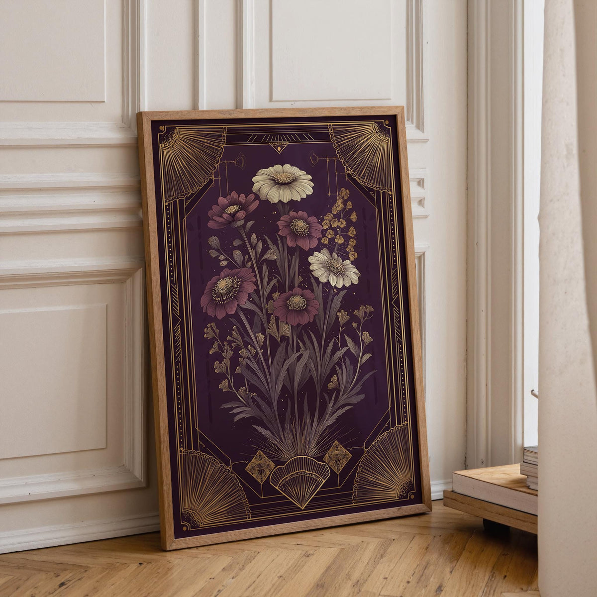 Art Deco Botanical Flower Vintage Gold Moody Floral Wall Art by The Wall Art Studio