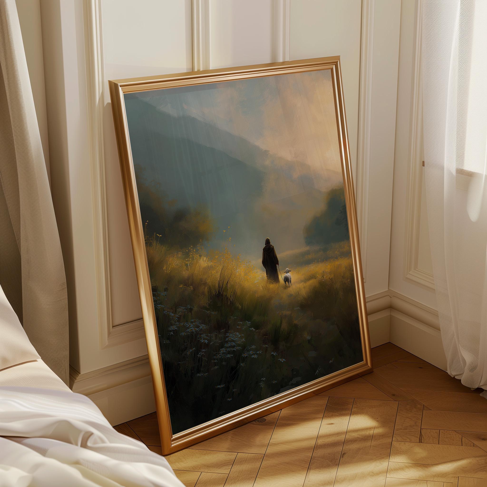 Christian Jesus Walking with Lamb Faith Landscape Wall Art by The Wall Art Studio